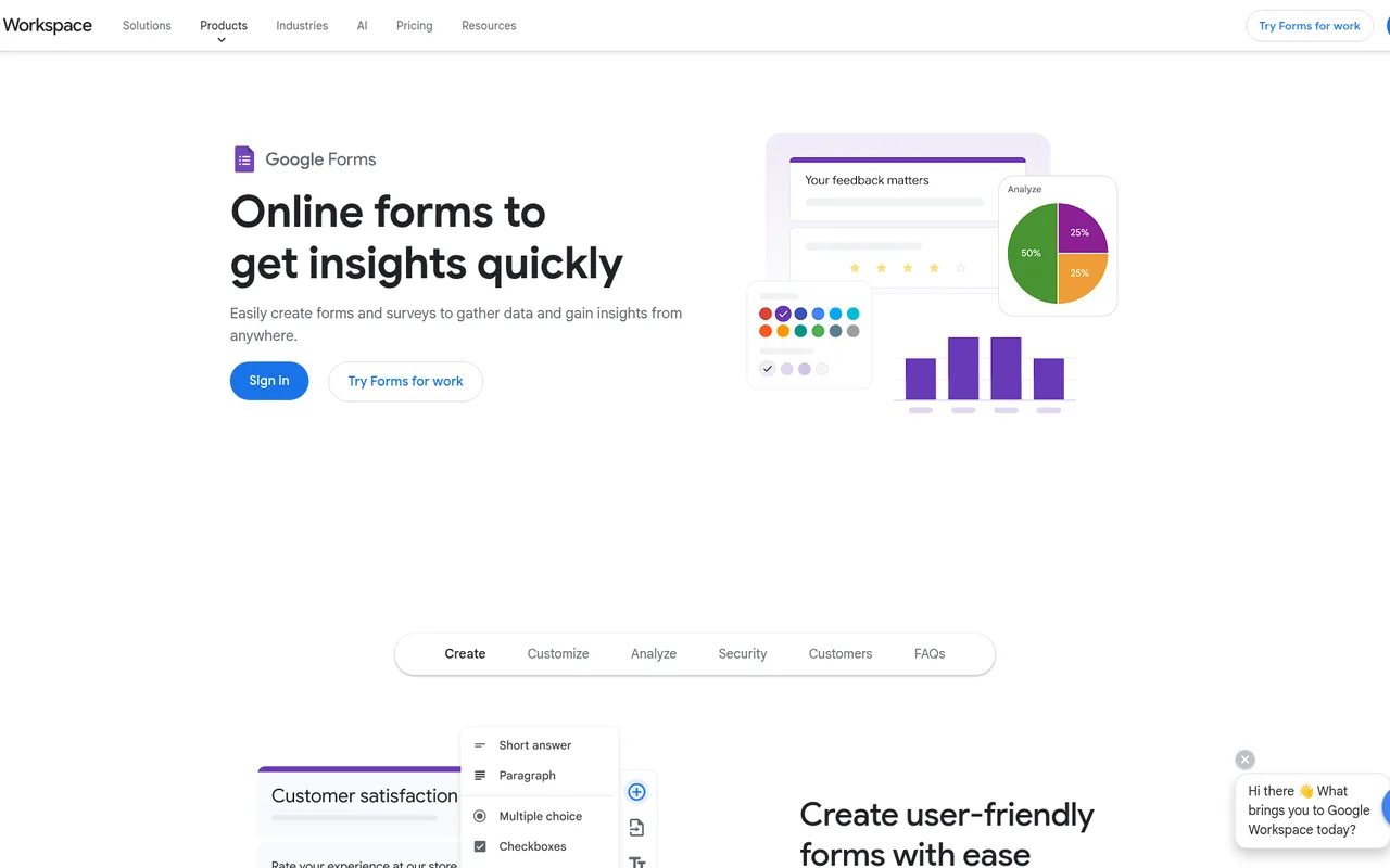 Google Forms homepage