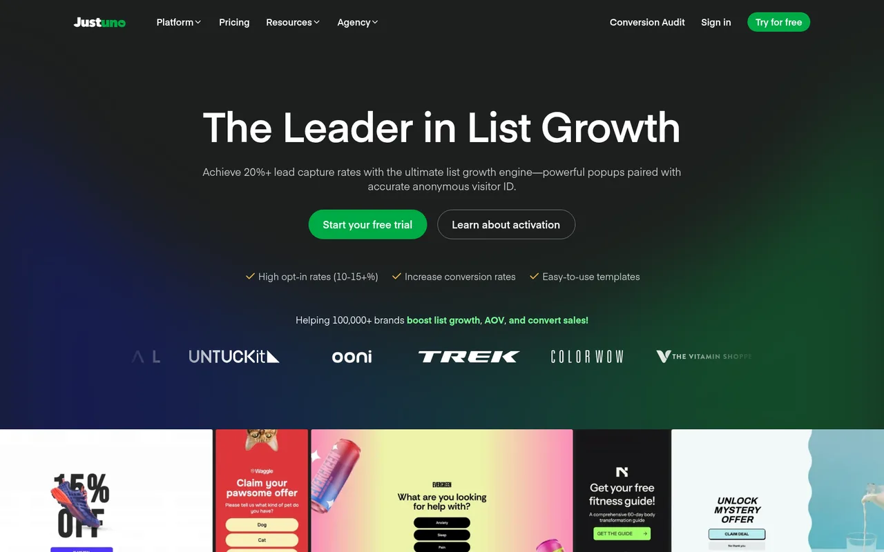 Justuno homepage