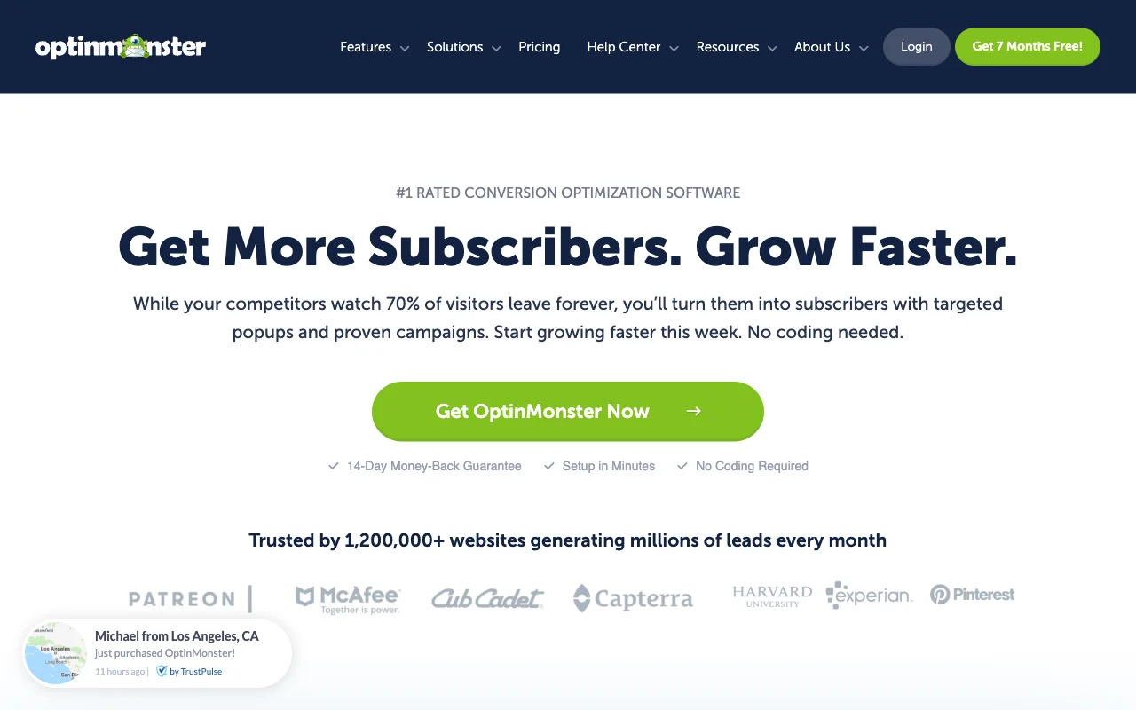OptinMonster homepage focused on popups and getting subscribers