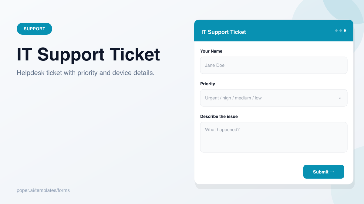 IT Support Ticket Form template preview