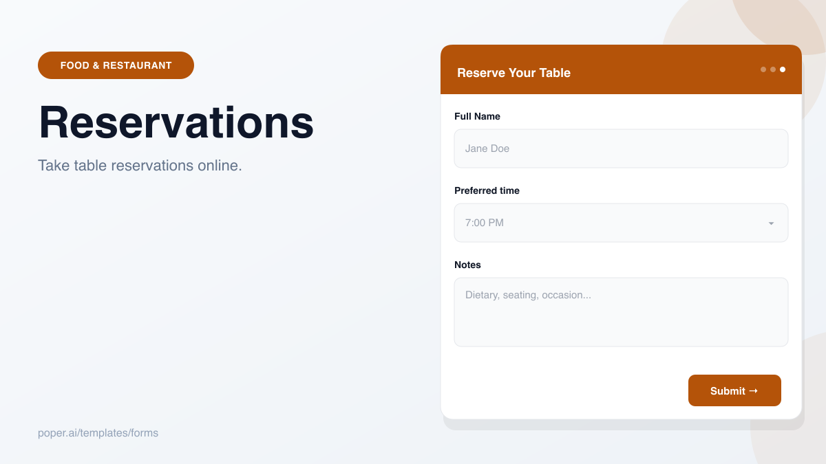 Restaurant Reservation Form template preview