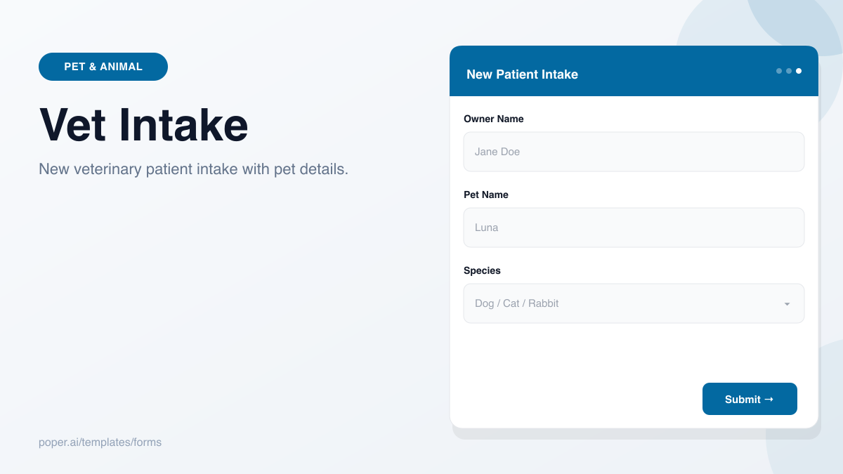 Veterinary Patient Intake Form template preview