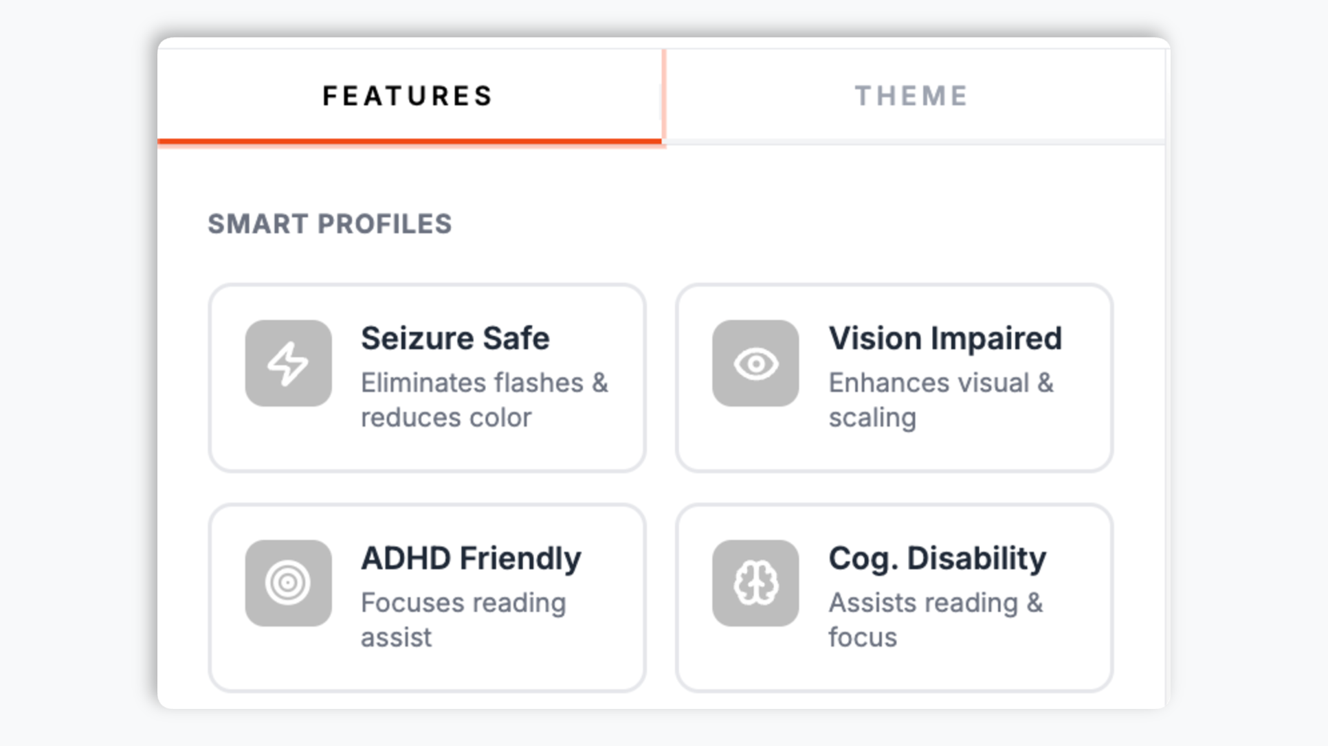 Poper widget builder showing toggle list of accessibility features (Text size larger, High contrast, Dyslexia font, Pause animations, Reading guide, Reading guide) with accessibility controls badge and blue Connect button