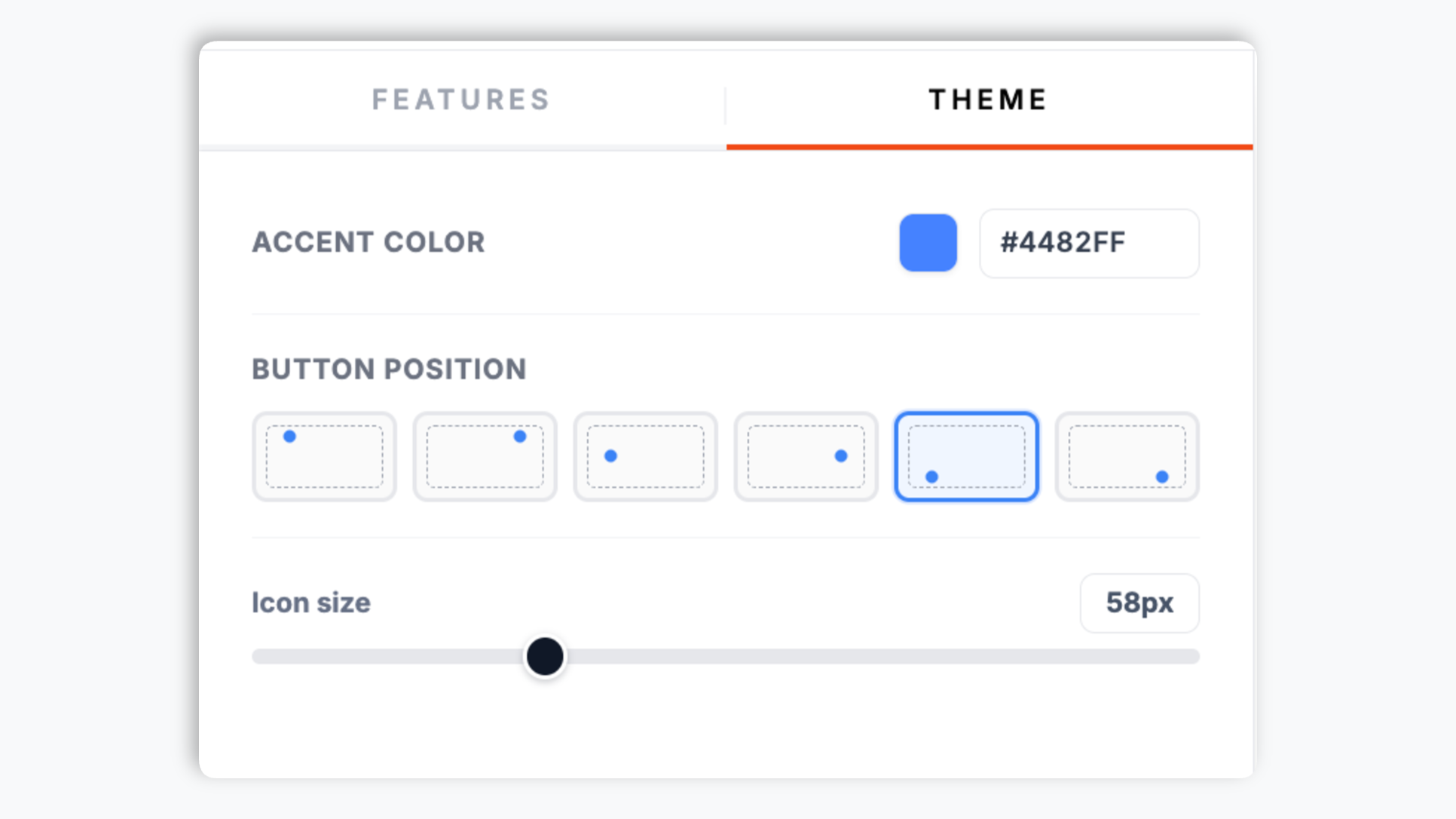 Accessibility appearance panel showing an accent color picker, a launcher position selector, and a launcher size slider
