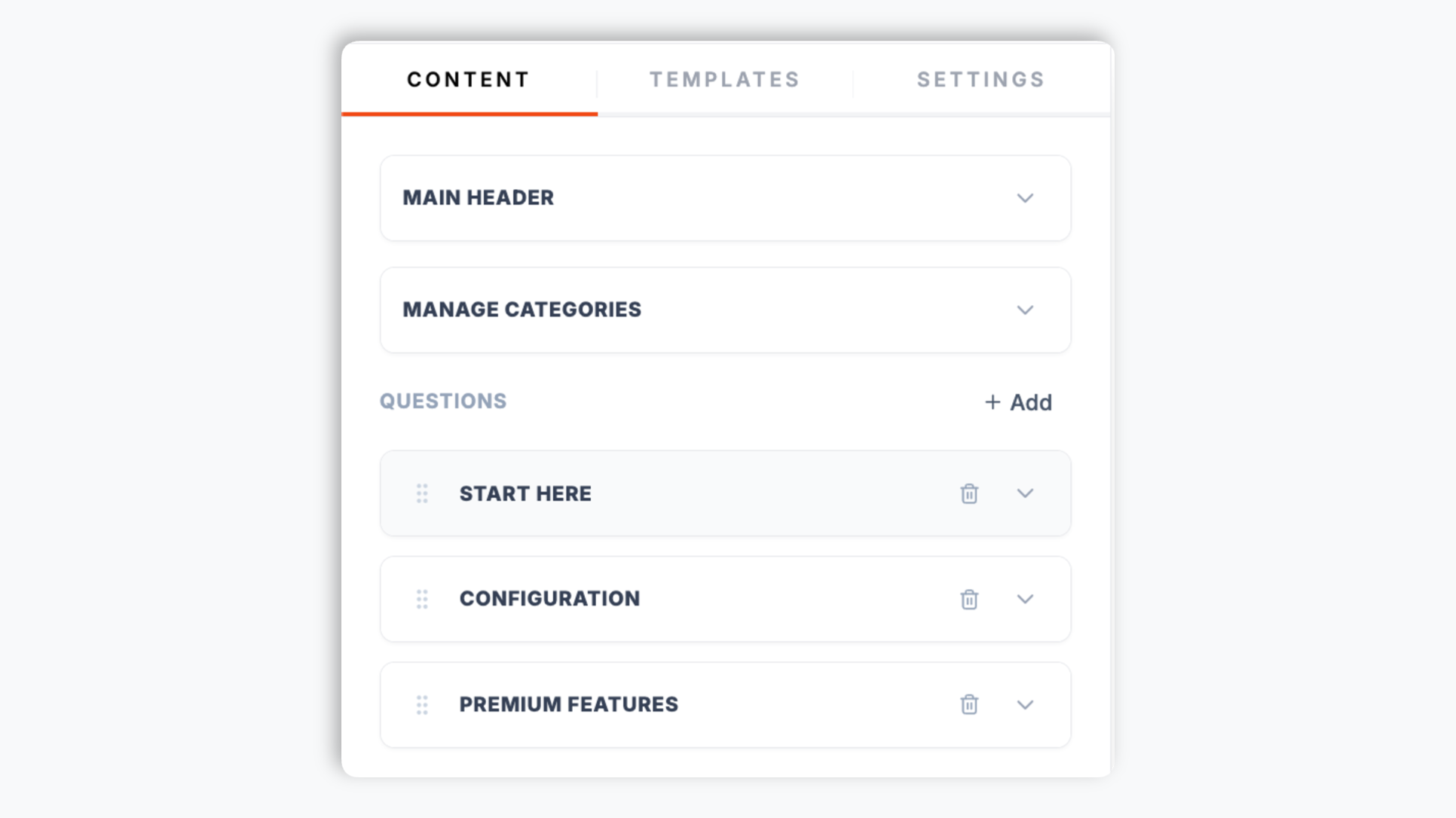 Poper widget builder showing an ordered list of accordion sections with headings, body text inputs, and category tags