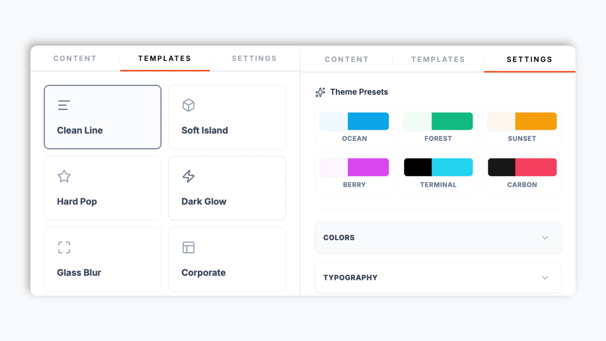 Layout picker showing six accordion thumbnails (Clean Line, Soft Island, Hard Pop, Dark Glow, Glass Blur, Corporate) with brand color and font-size controls