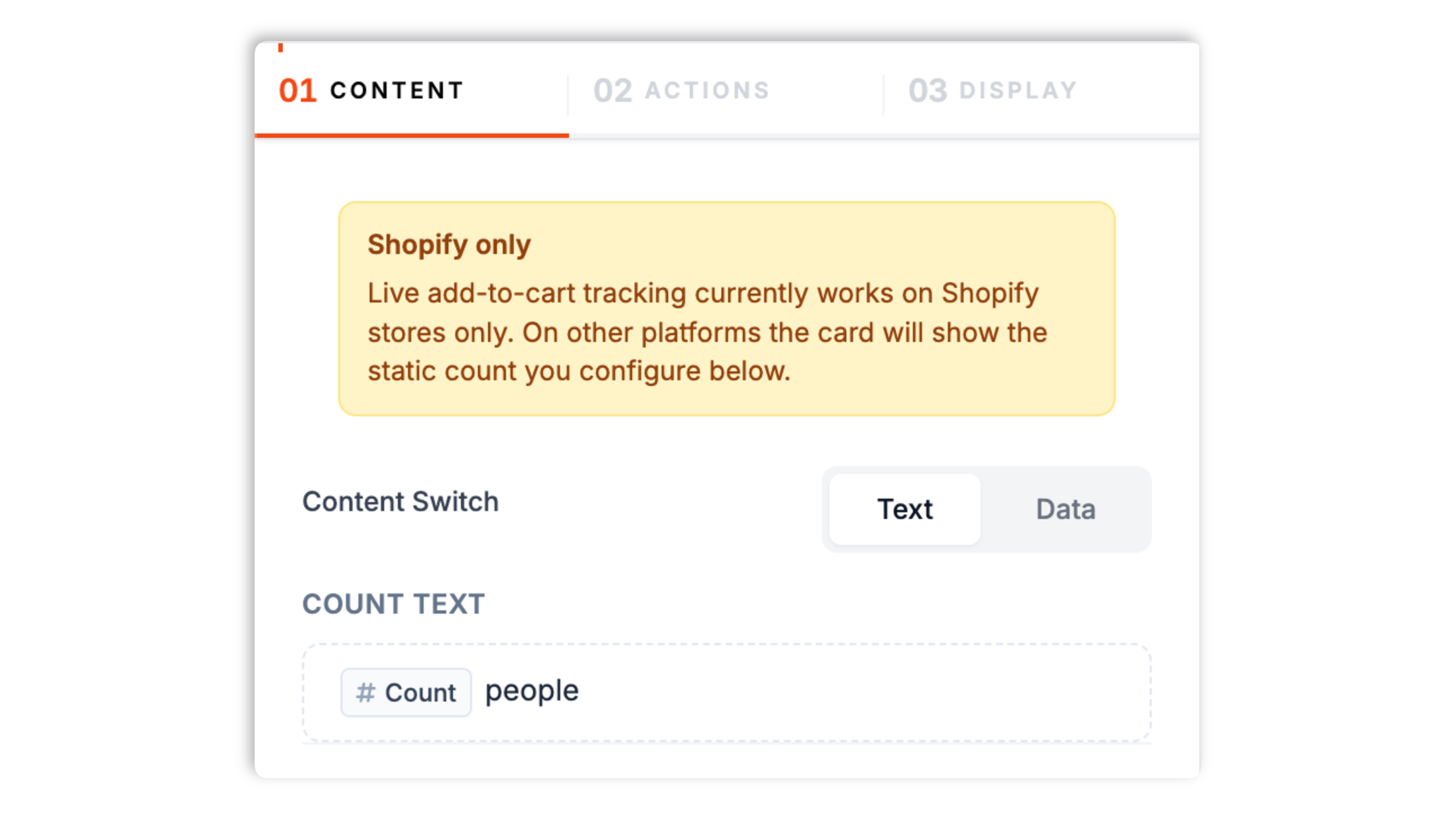 Poper builder showing the added-to-cart content panel with a count text field, a description field, and a Shopify-only notice about live cart tracking