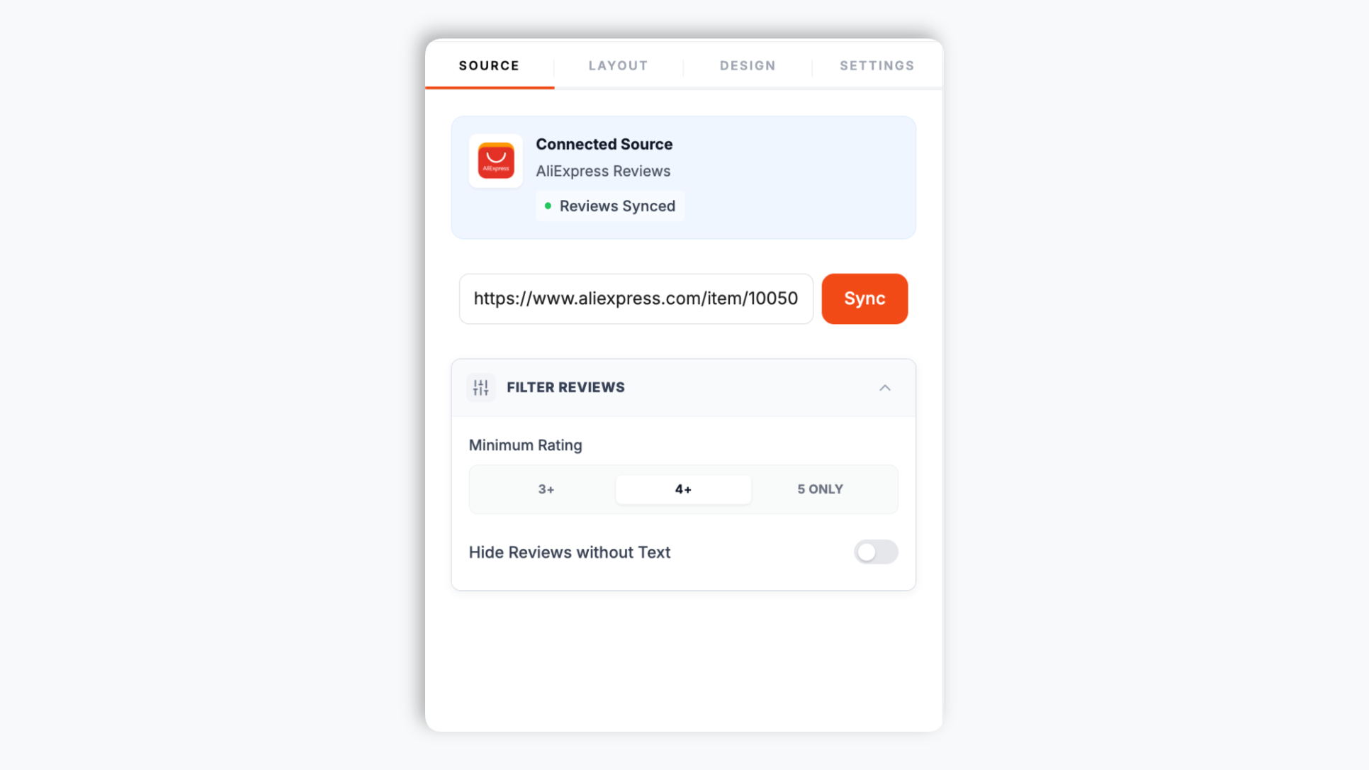 Poper widget builder with a single input field where the user pastes an AliExpress product page link