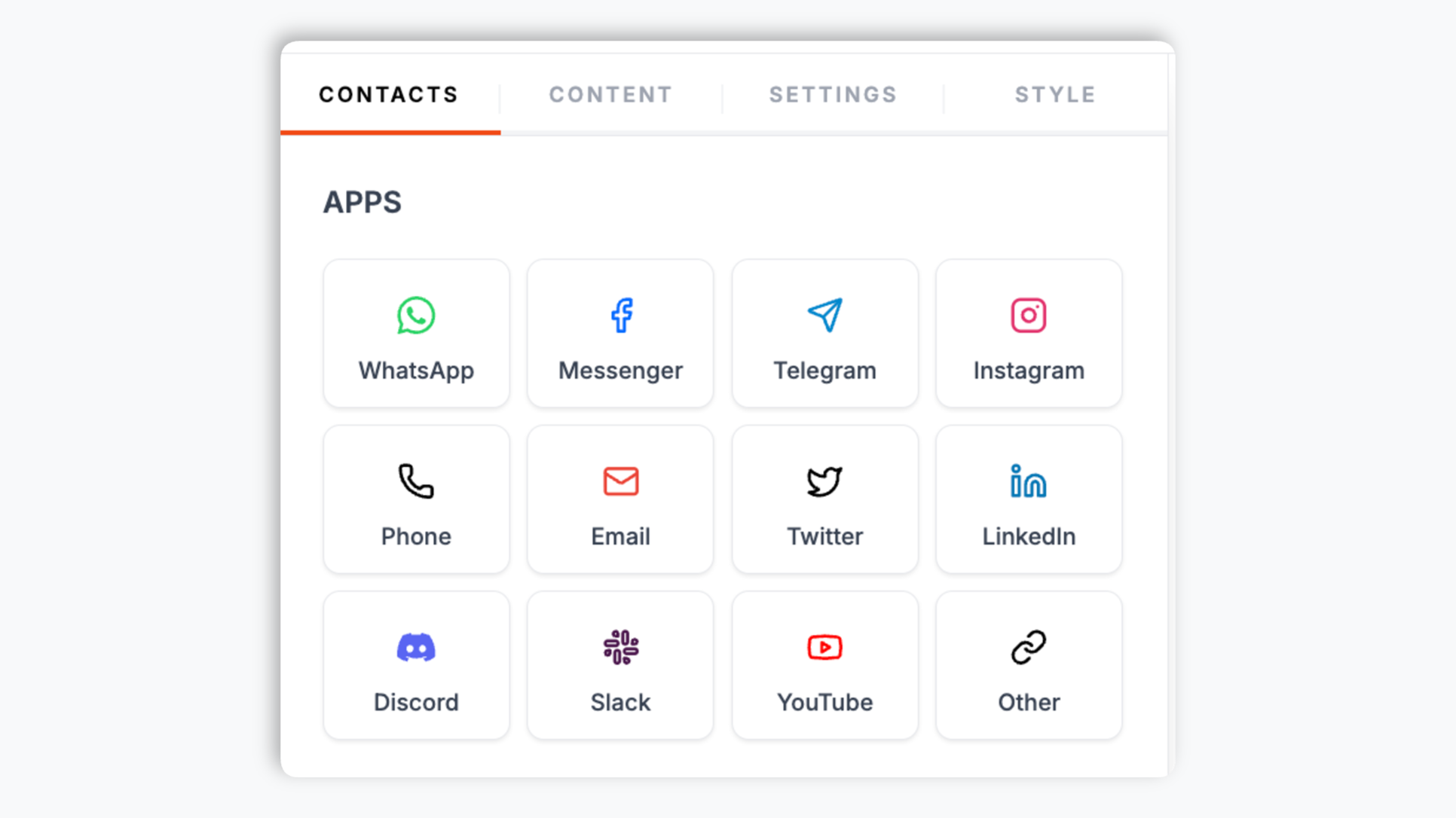 Poper widget builder showing a contact-button list (WhatsApp, Messenger, Telegram, Discord, Email, Phone) with an emerald Add Contact button