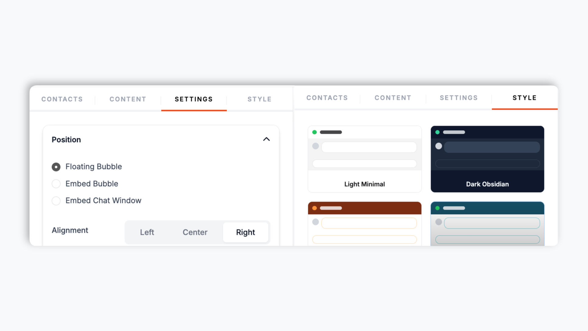 Poper builder showing chat widget settings: position style, alignment controls, a chat theme preset picker, and welcome message fields