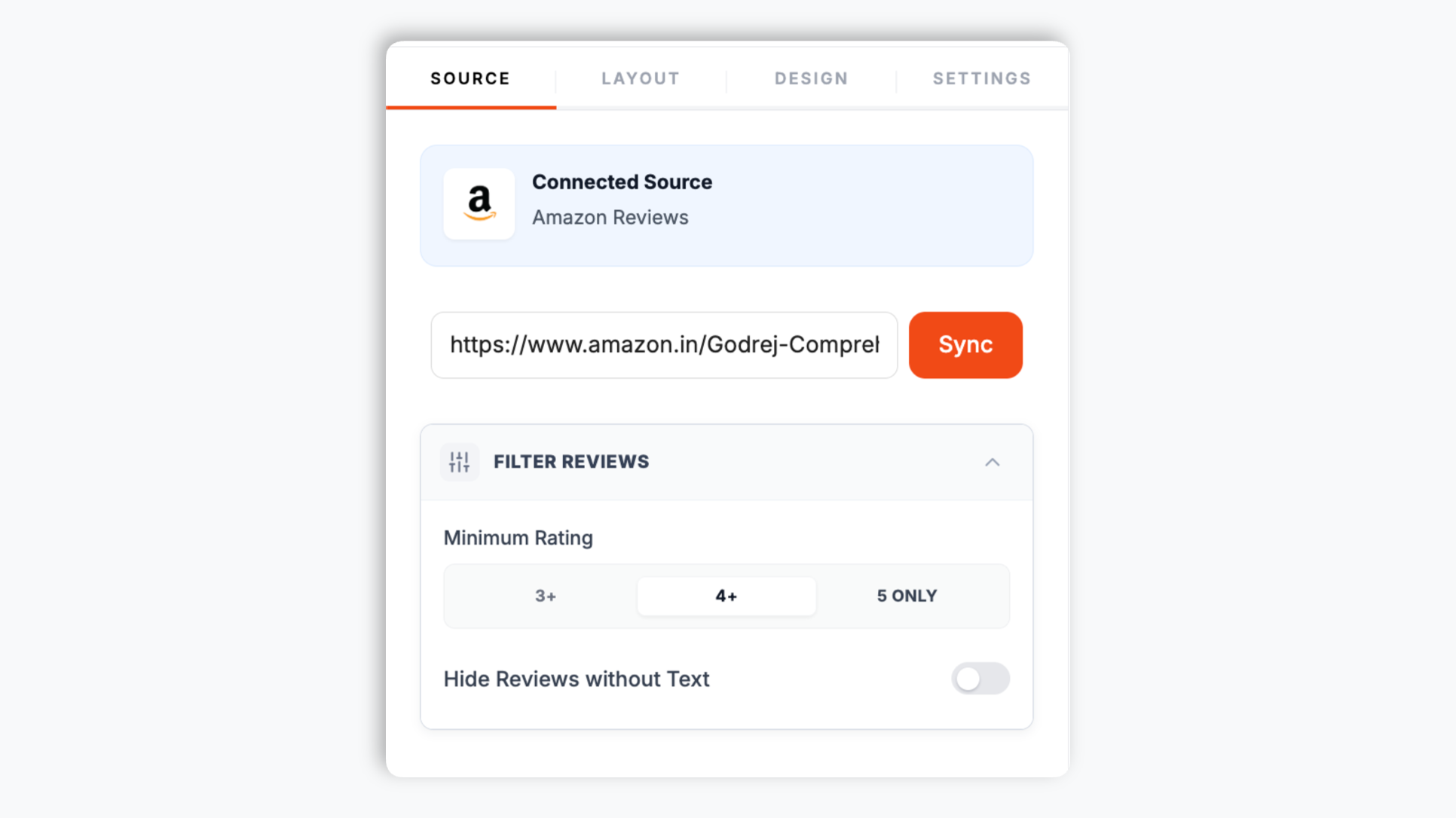 Poper widget builder with a single input field where the user pastes an Amazon product page URL