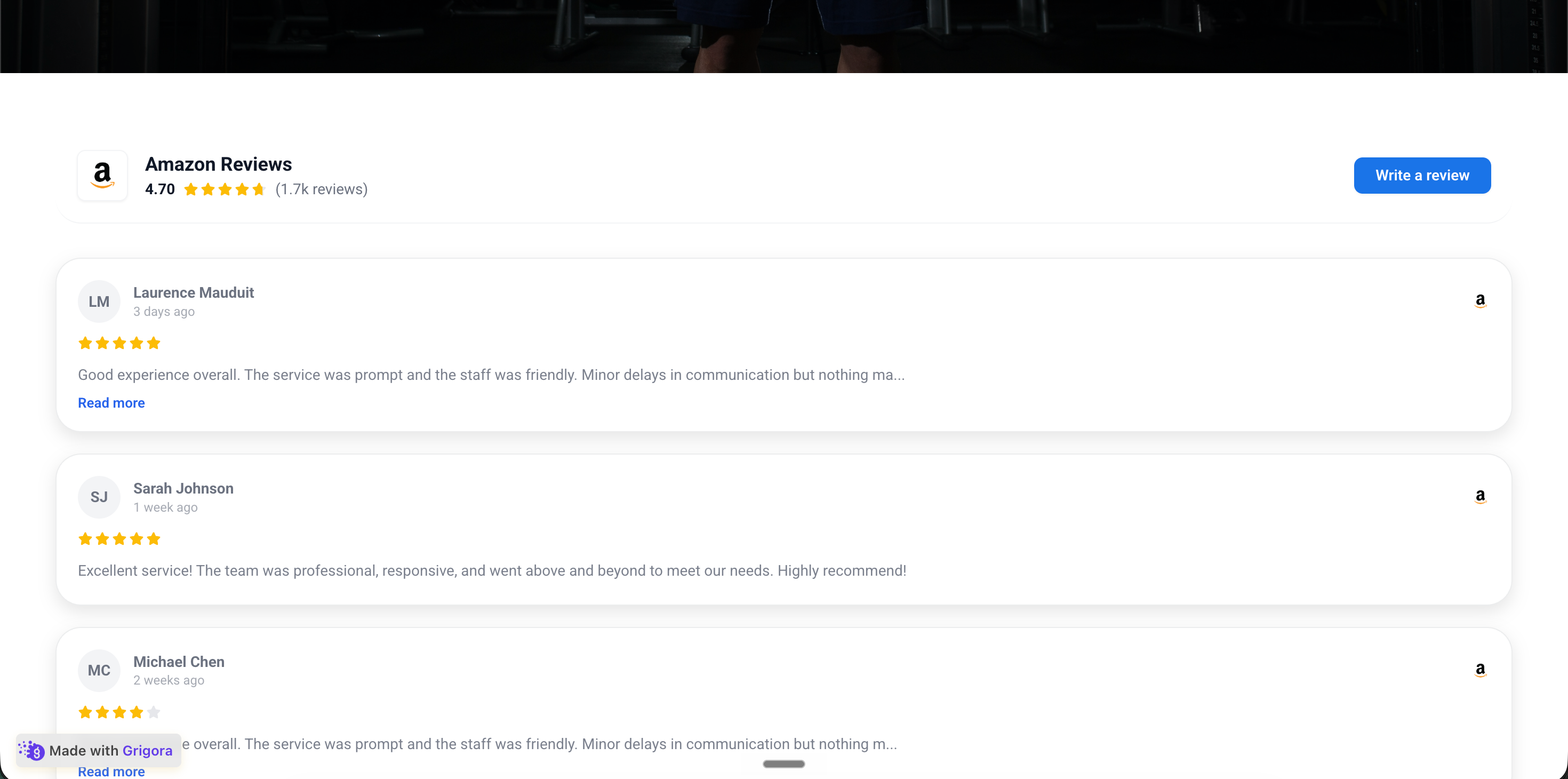 Acme Living's own DTC website with the Poper Amazon reviews widget embedded inline showing the same 3 customer reviews and 4.6 of 10,247 rating in a warm beige and sage palette