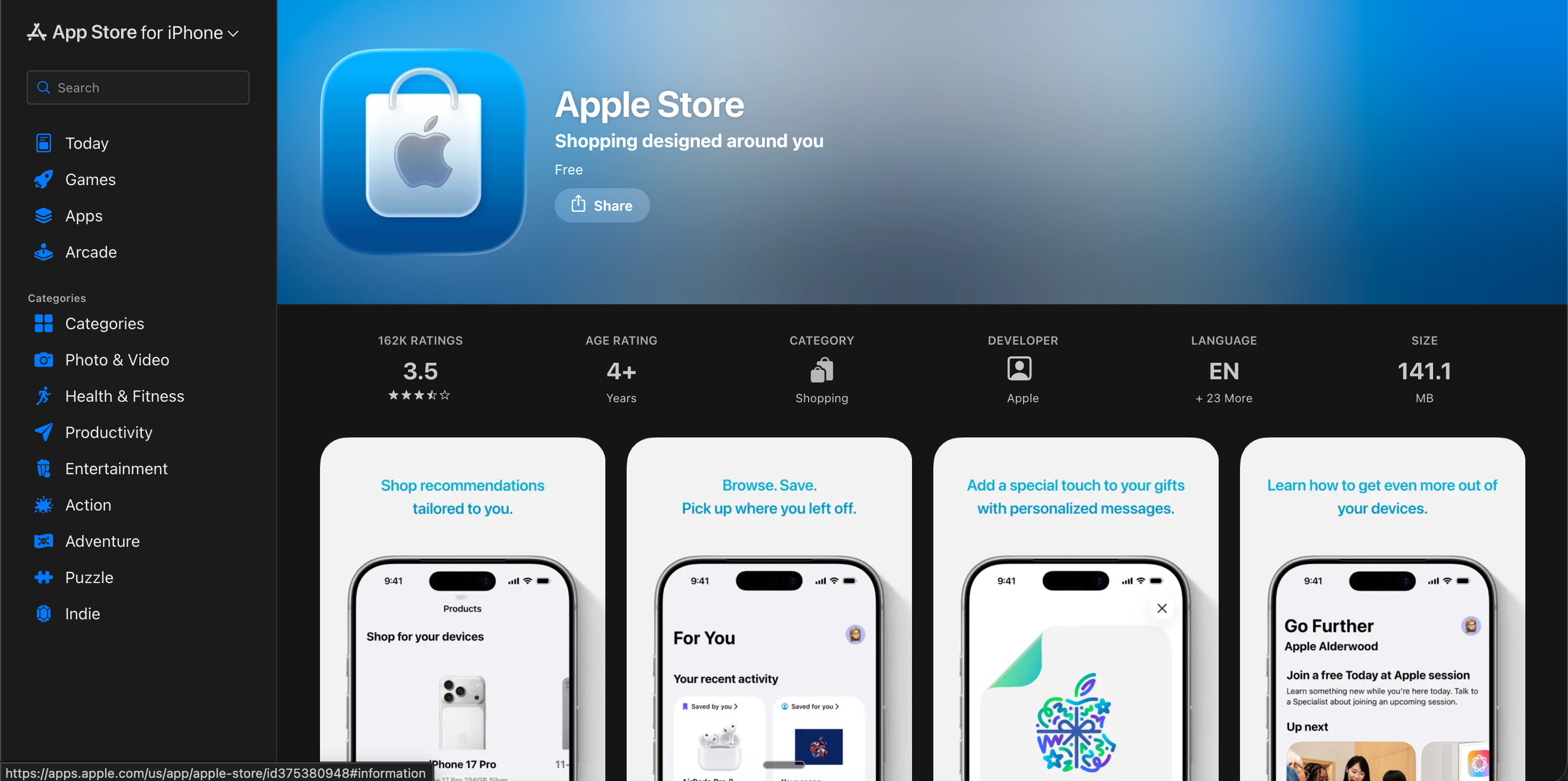 apps.apple.com listing for Acme Tasks showing 4.7 stars from 24,587 ratings, a GET button, 6 phone screenshots, and 3 country-flagged reviews