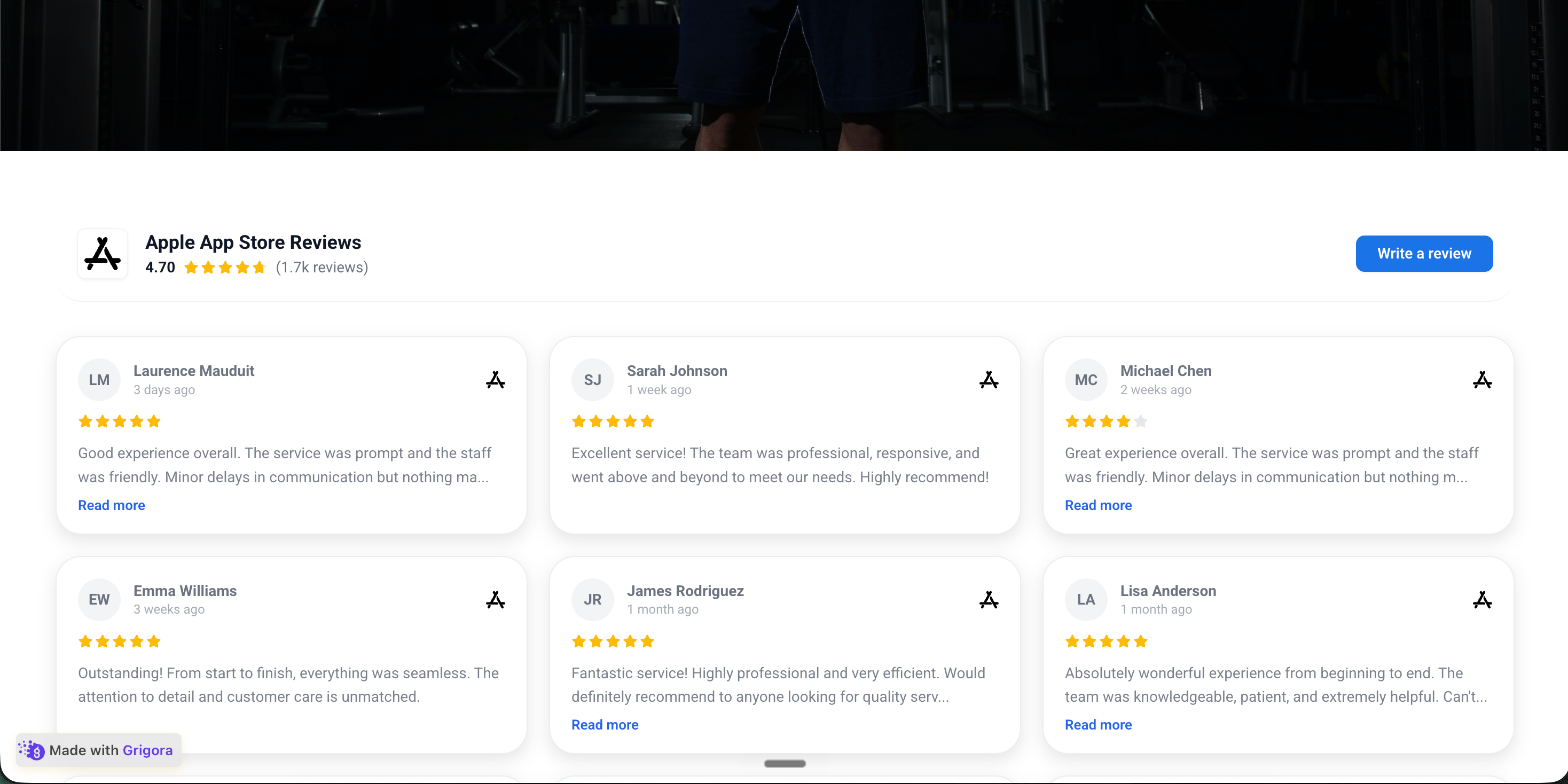 acmetasks.app marketing site with iPhone hero, Download on App Store button, and embedded Poper widget showing the same 3 App Store reviews with a 4.7 average