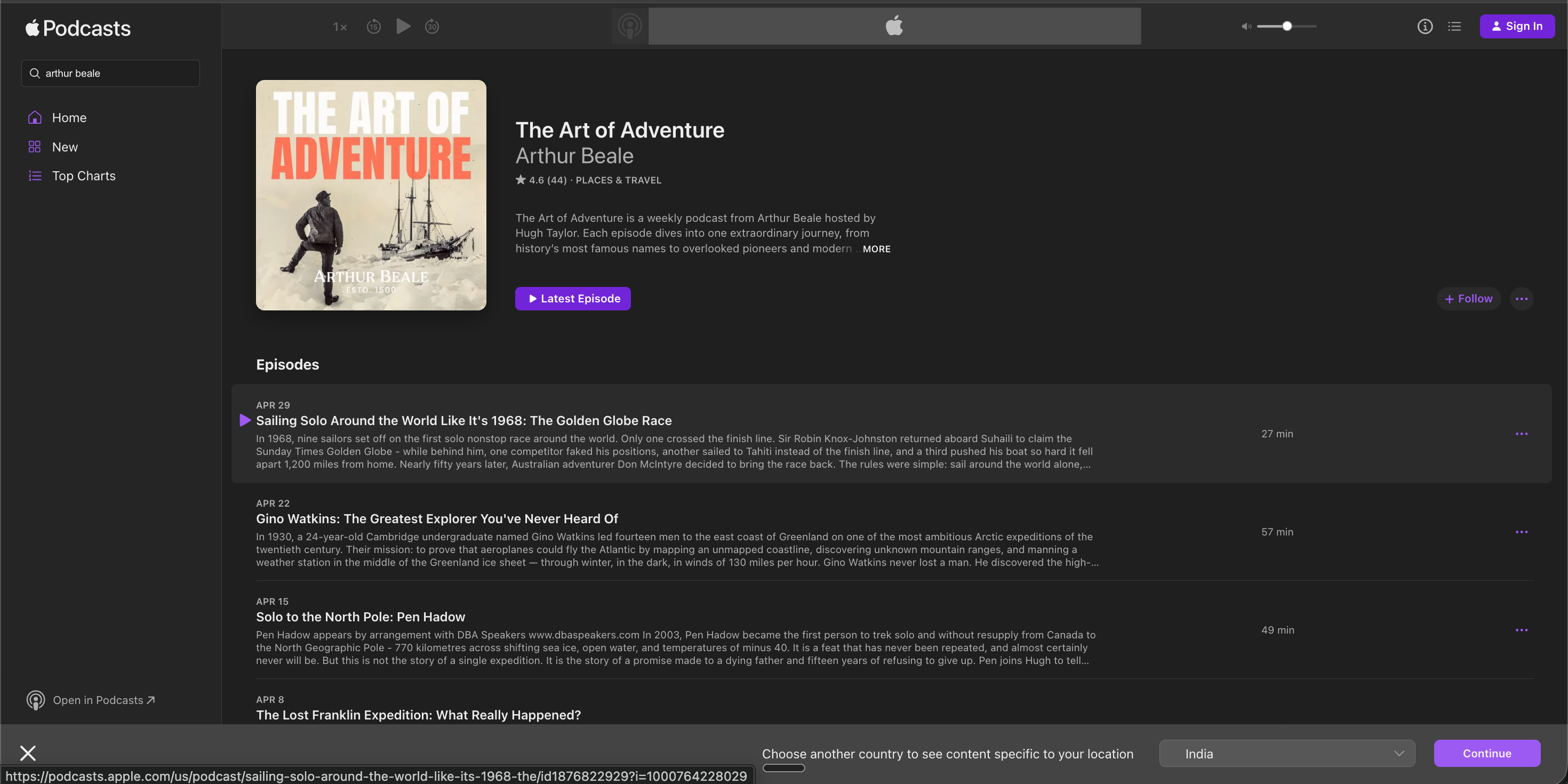 podcasts.apple.com show page for The Acme Show with the Apple Podcasts logo, large show cover art, and a list of recent episodes