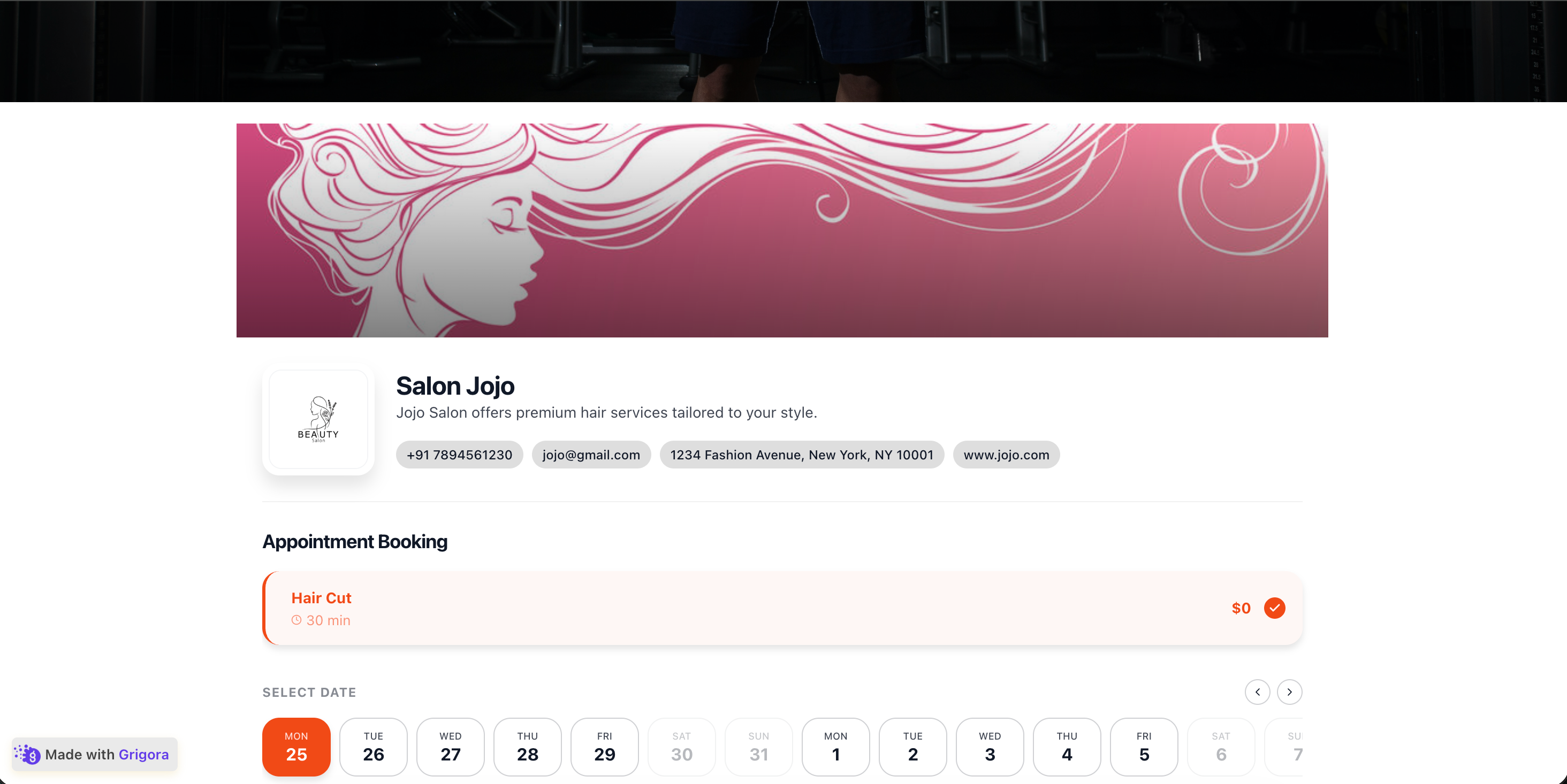 A wellness clinic site with the Poper booking widget embedded inline showing a month calendar and available time slots on a Tuesday in a deep-rose and warm-cream palette