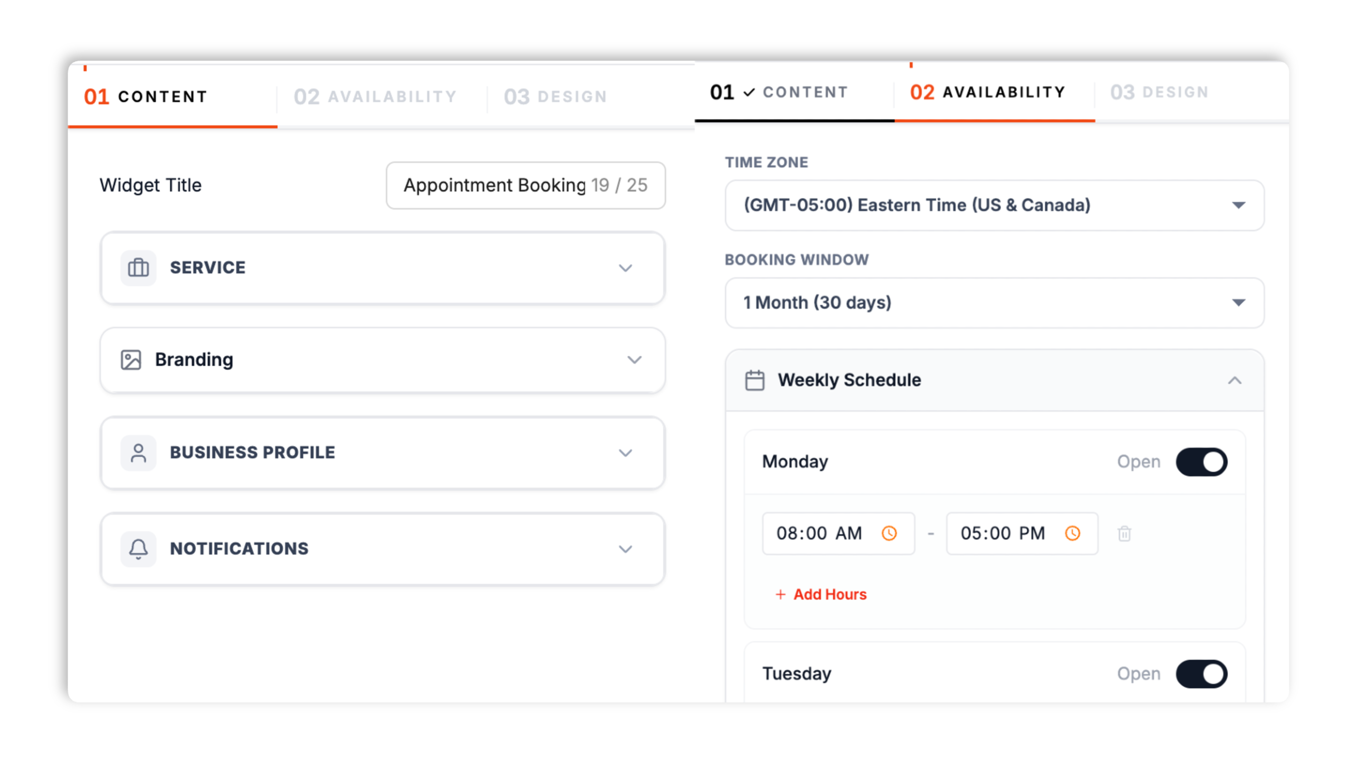 Poper booking widget builder showing a service list with name, price, and duration fields, a weekly schedule with day-of-week toggles, and a time-zone selector