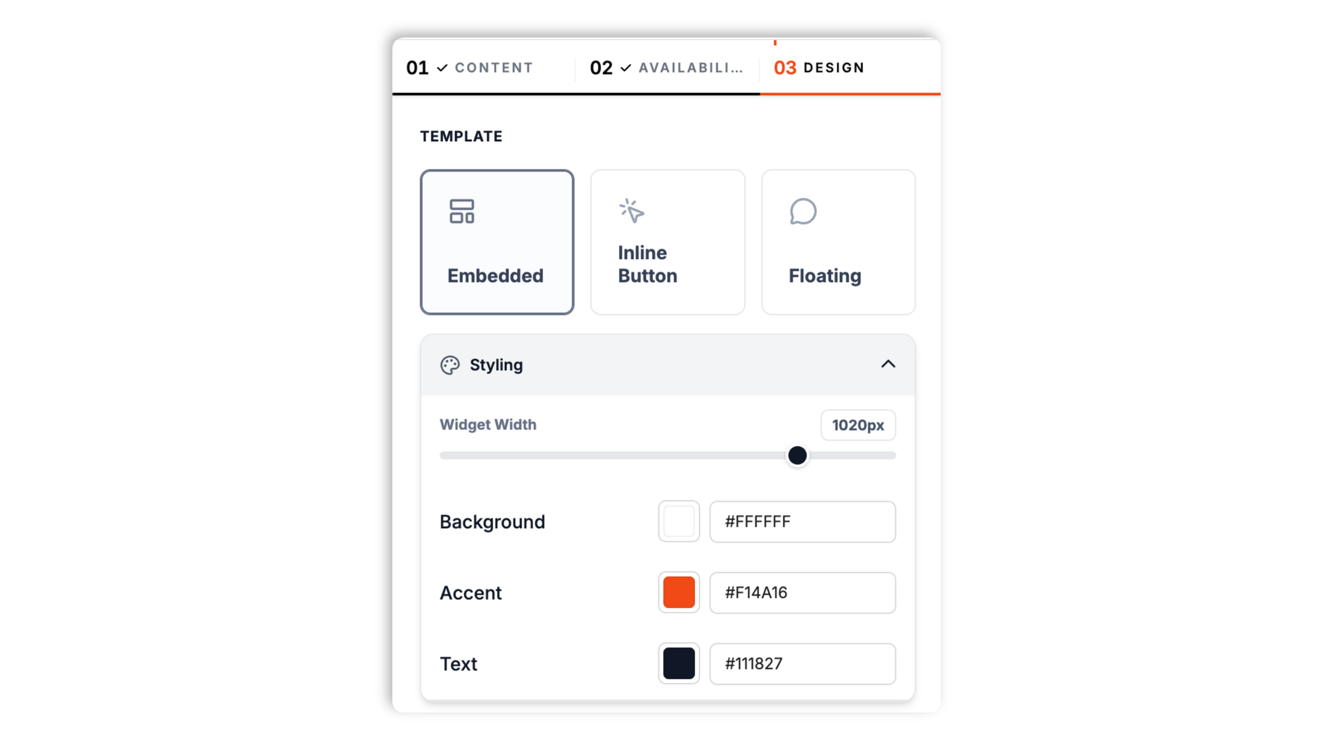 Poper booking widget template picker showing the three templates (Embedded, Inline Button, Floating Button) plus background, accent, and text color controls