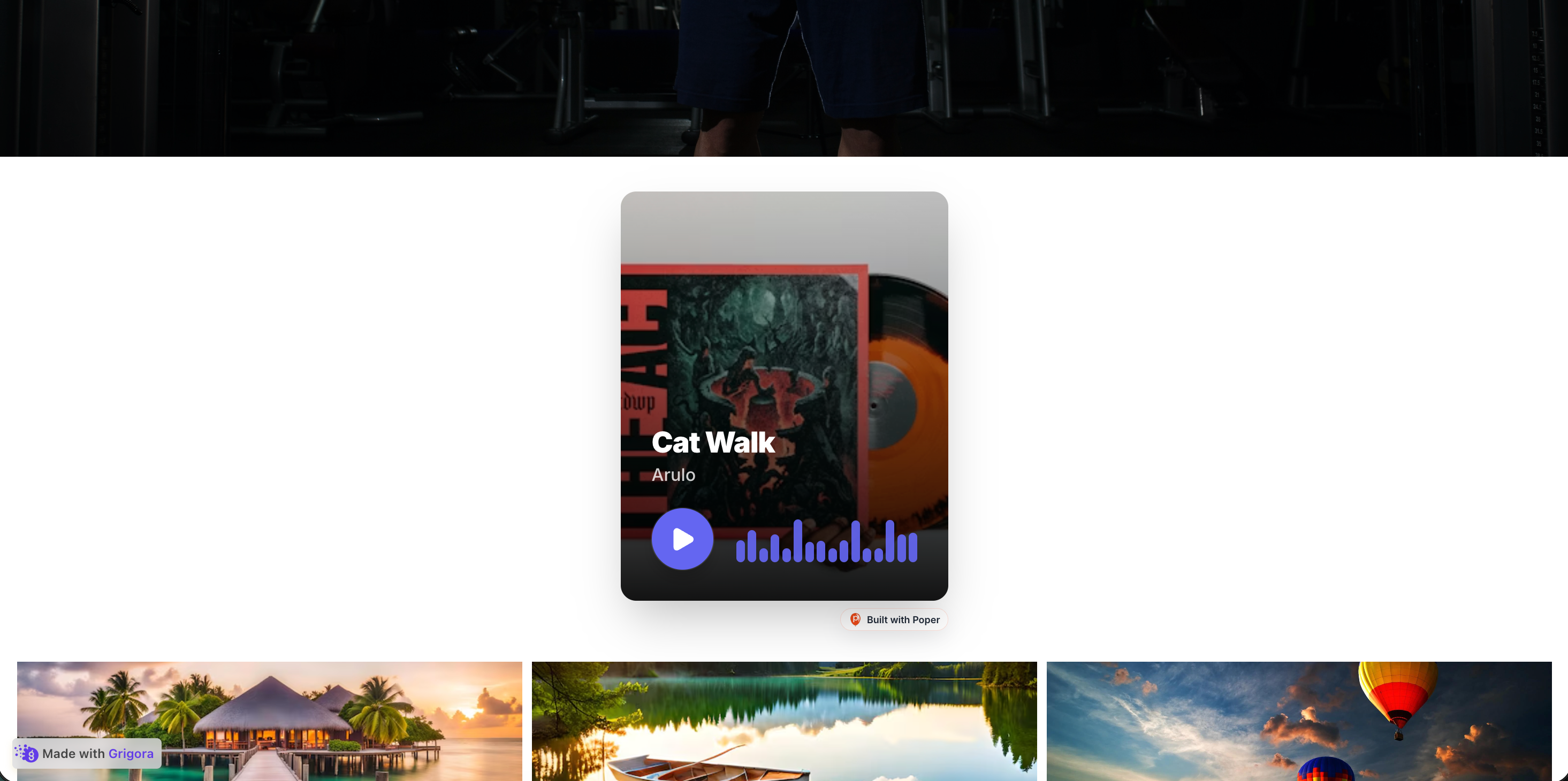 Acmeband.com musician site in a deep-rose and warm-cream palette with a hero album cover and an embedded Poper audio player showing play controls and a three-track playlist