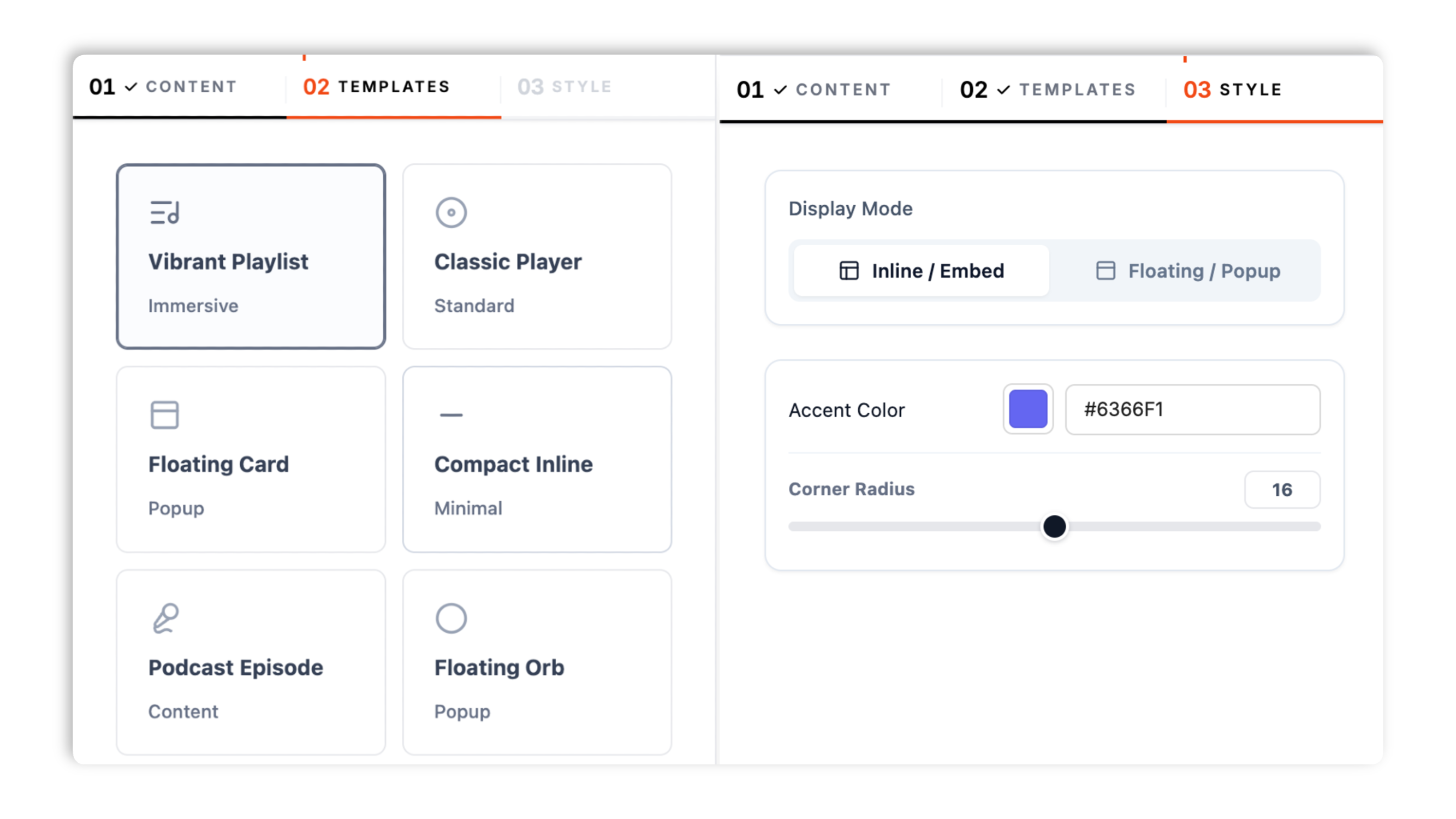 Poper audio editor Templates tab showing layout thumbnails for Classic Player, Vibrant Playlist, Playlist View, Podcast Episode, and more, plus Style controls for accent color and dark mode