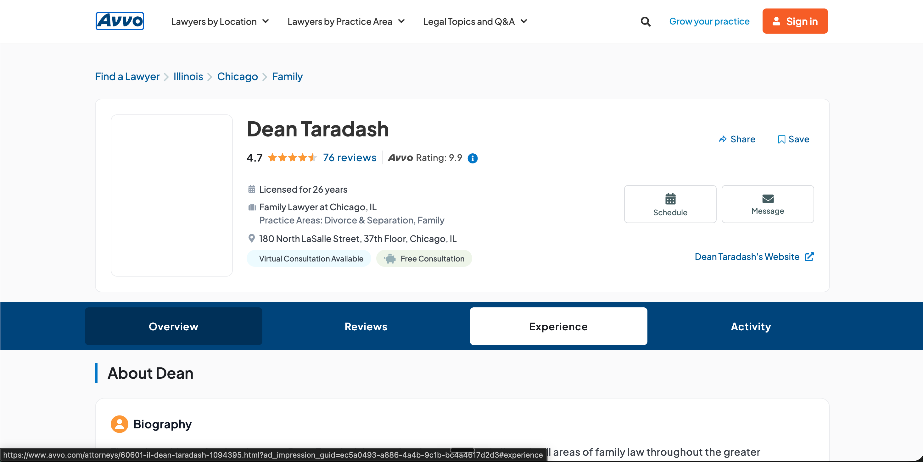 Avvo.com lawyer profile page for Lisa Park, Esq, NYC personal injury attorney showing 9.7/10 Avvo Rating Excellent, Clients' Choice 2026 gold medal, 87 client reviews from the source page, and category endorsement bars for Trustworthy, Responsive, Helpful, Knowledgeable