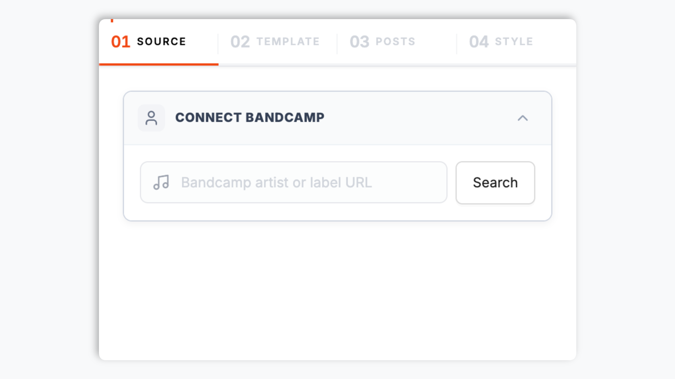 Poper widget builder showing the Bandcamp artist URL input with an AcmeBand search result and a Connect button