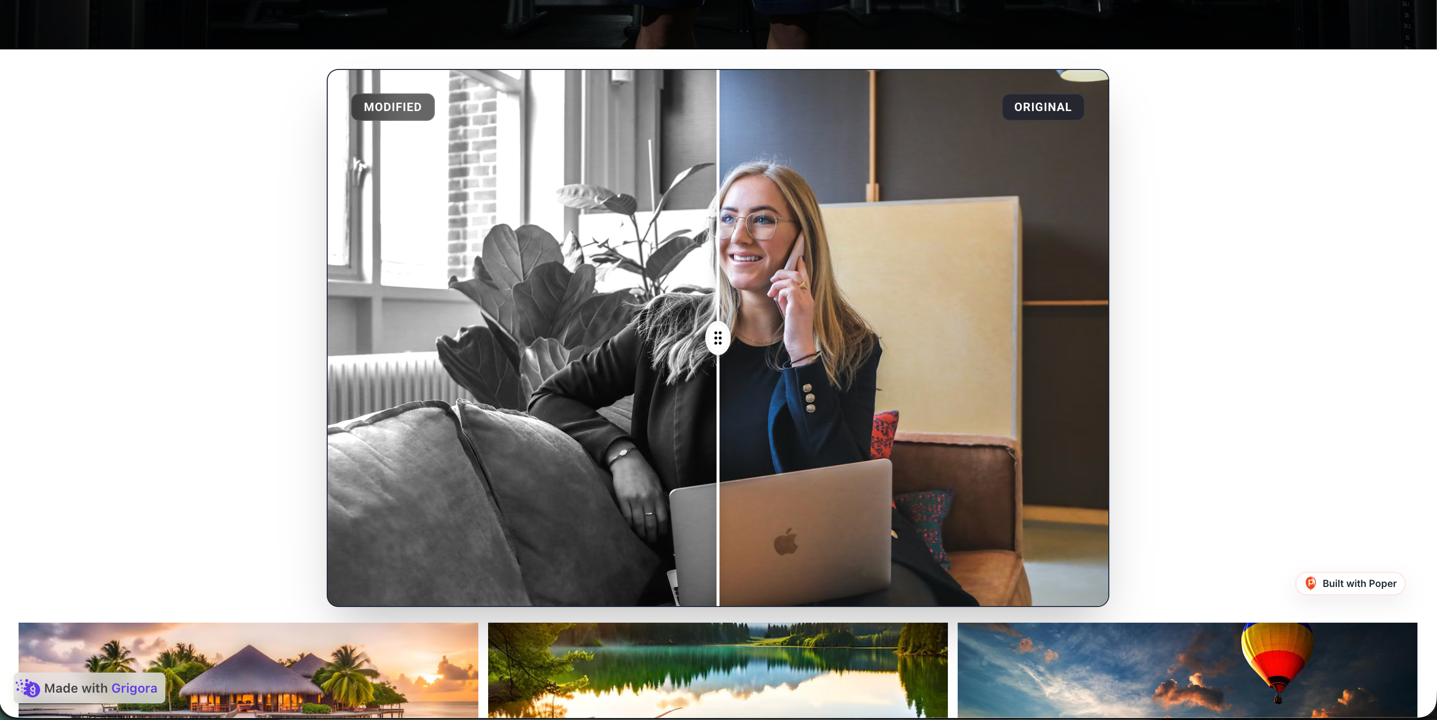 Photographer portfolio acmestudio.photo with embedded interactive Poper before/after slider revealing editorial portrait retouch via mid-image drag handle, Measure impact with your own analytics