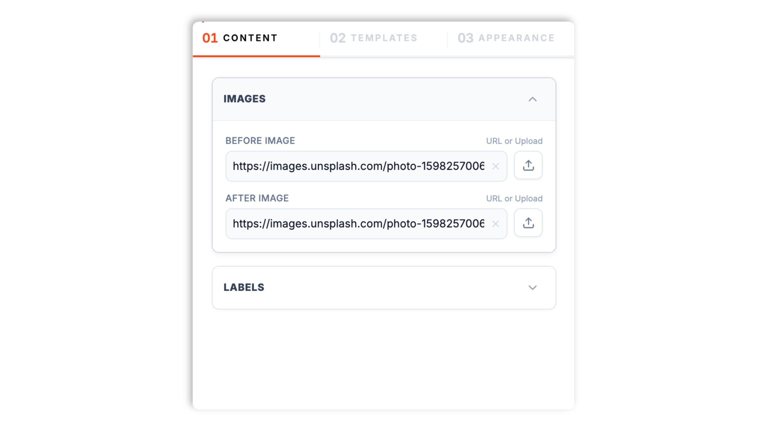 Poper builder showing two image upload zones (Before and After) plus a live drag-handle preview slider