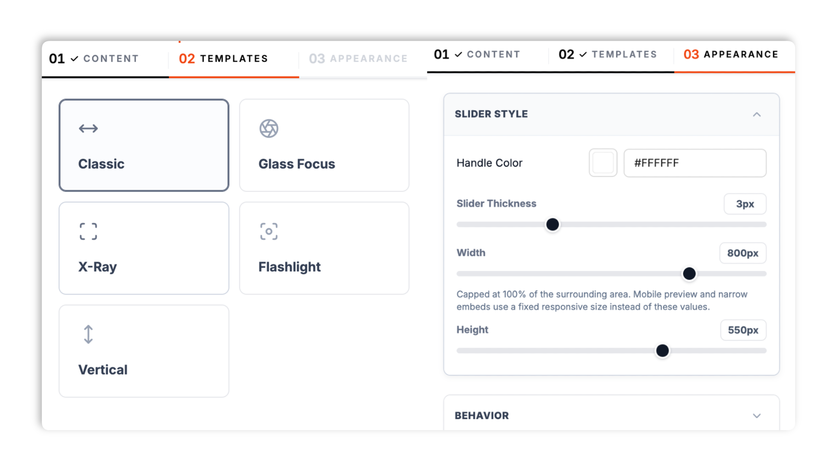 Layout picker with five thumbnails (Classic, Glass Focus, X-Ray, Flashlight, Vertical) plus a control row for handle color, slider thickness, and orientation