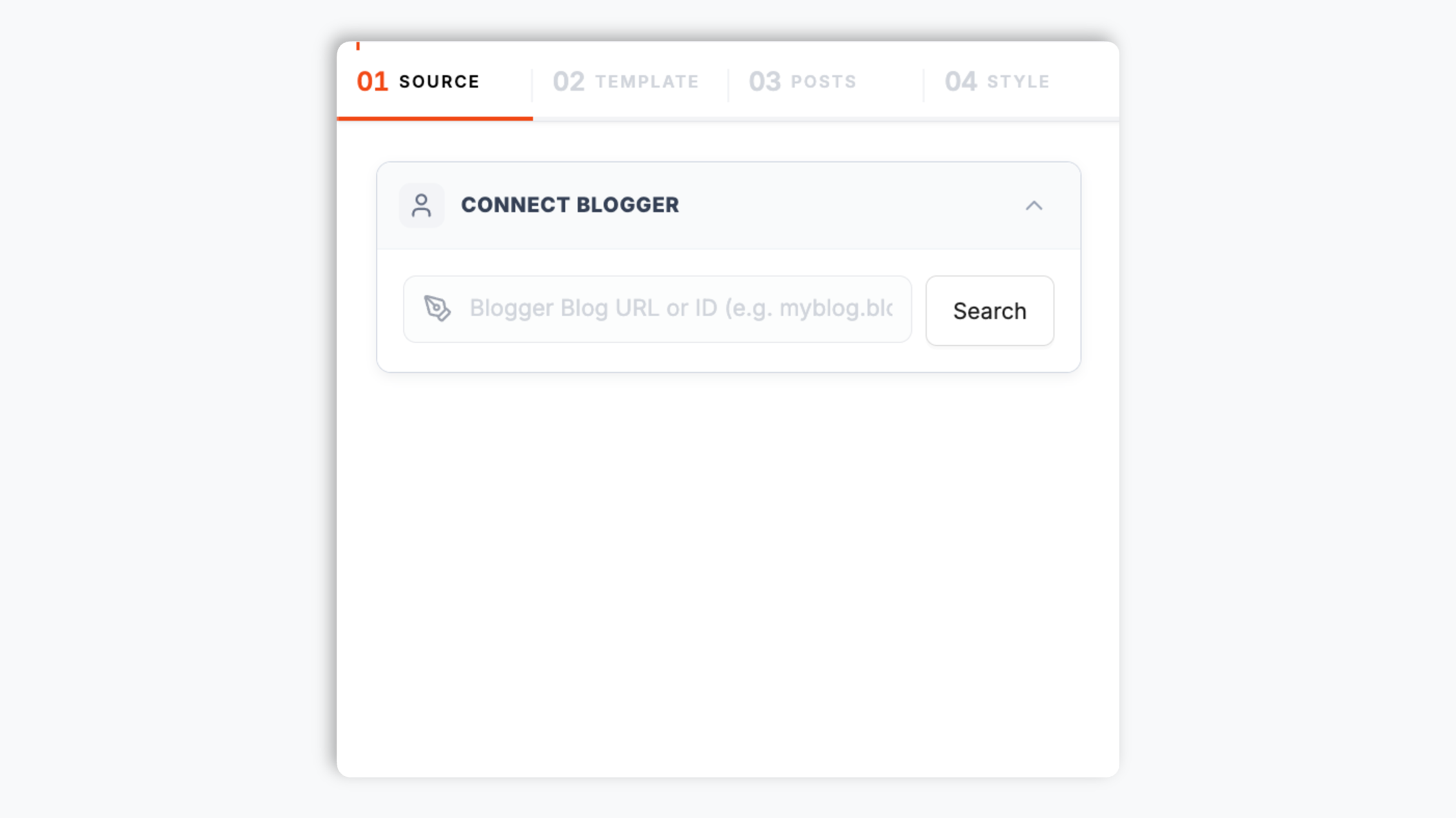 Poper widget builder showing the Blogger blog URL input with an Acme Blog search result and a Connect button