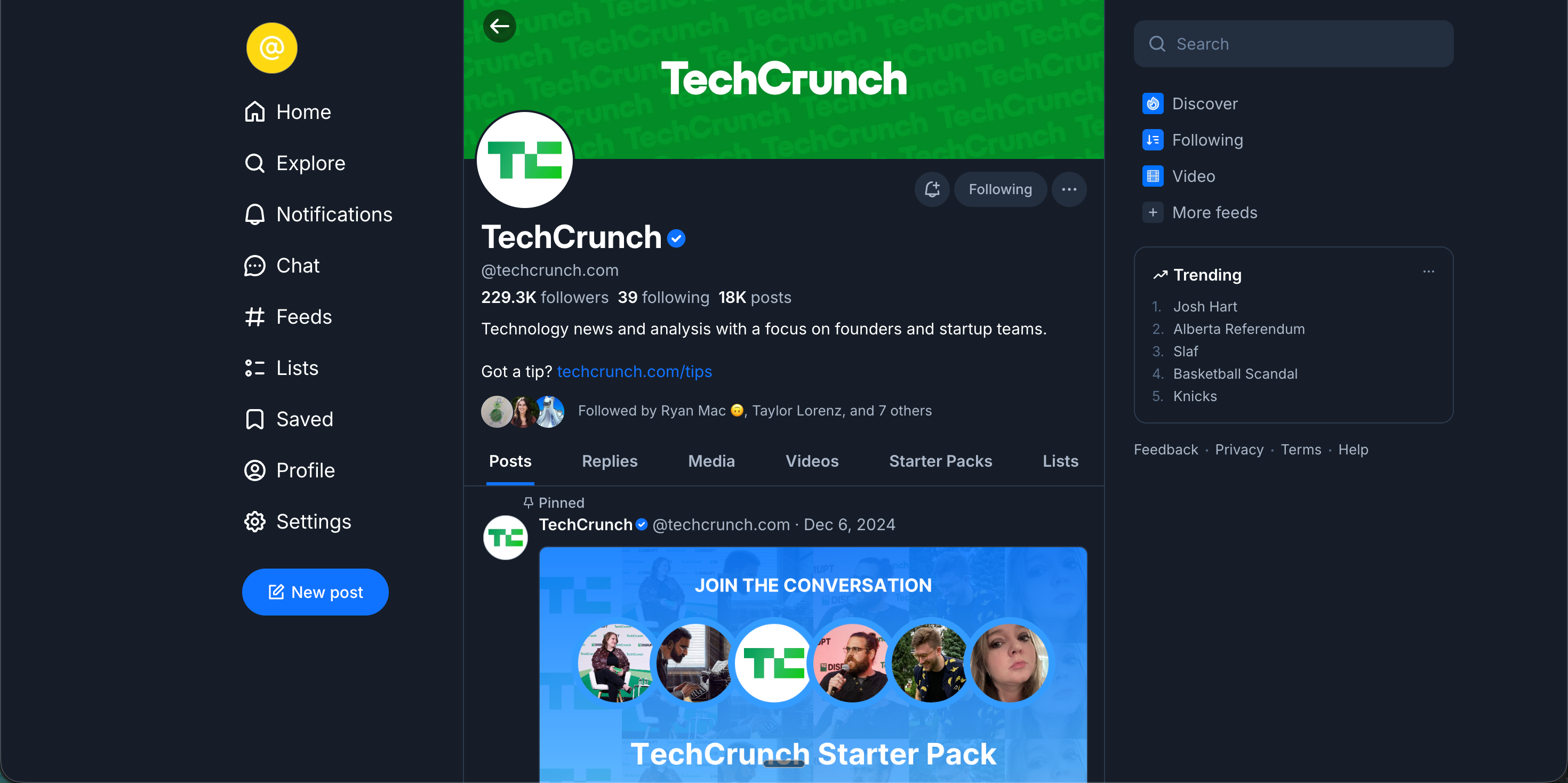 bsky.app profile page for acme.bsky.social showing the Bluesky butterfly avatar, follower and following counts, and a feed of posts with reply, repost, and like counts