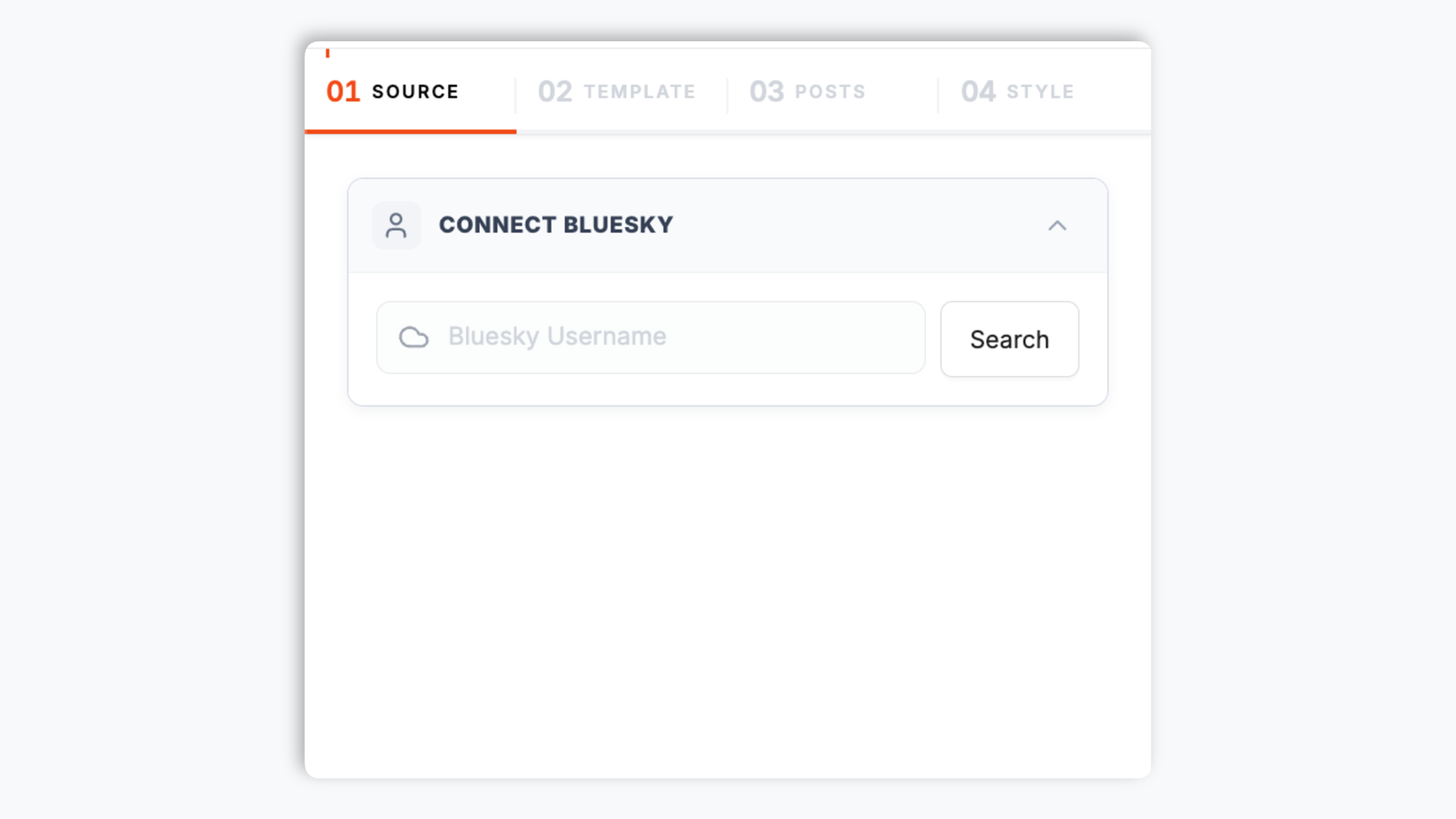 Poper widget builder showing a Bluesky username search field with acme.bsky.social entered, the Bluesky butterfly logo, and a Connect button