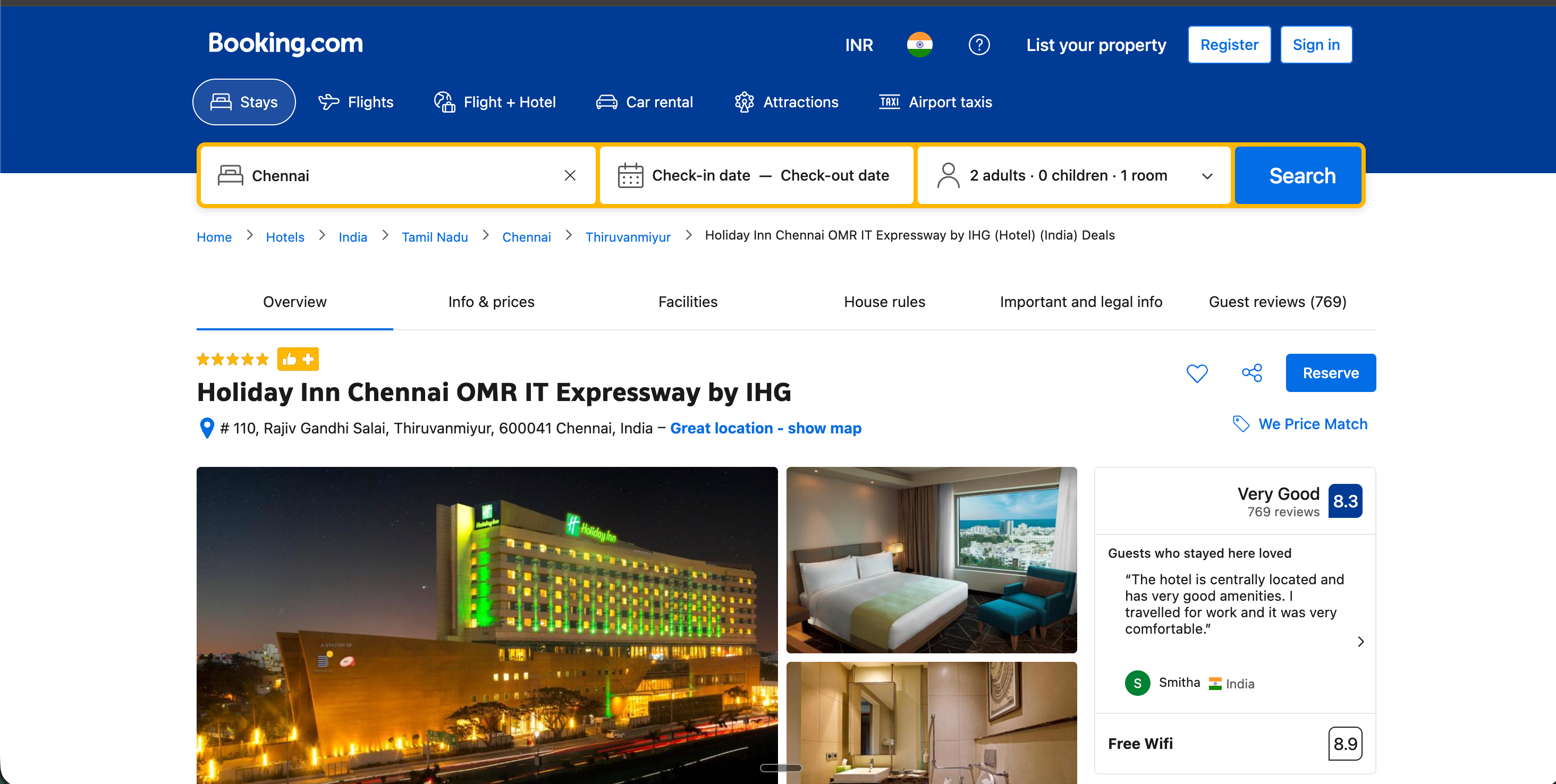 Booking.com hotel listing page for Aurora City Hotel showing the guest score circle and recent guest reviews