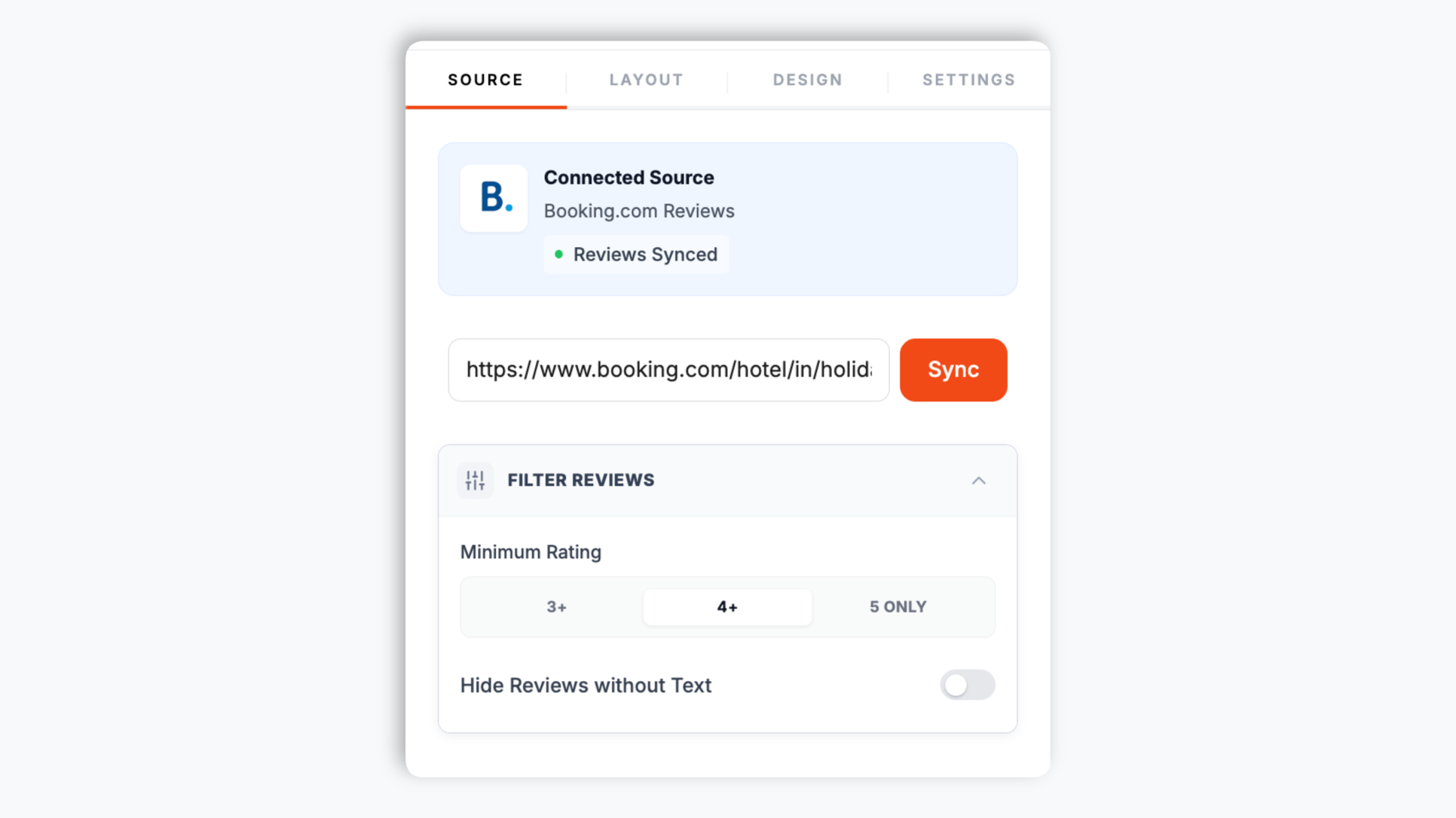 Poper widget builder showing the Booking.com URL input field where the property page link is pasted