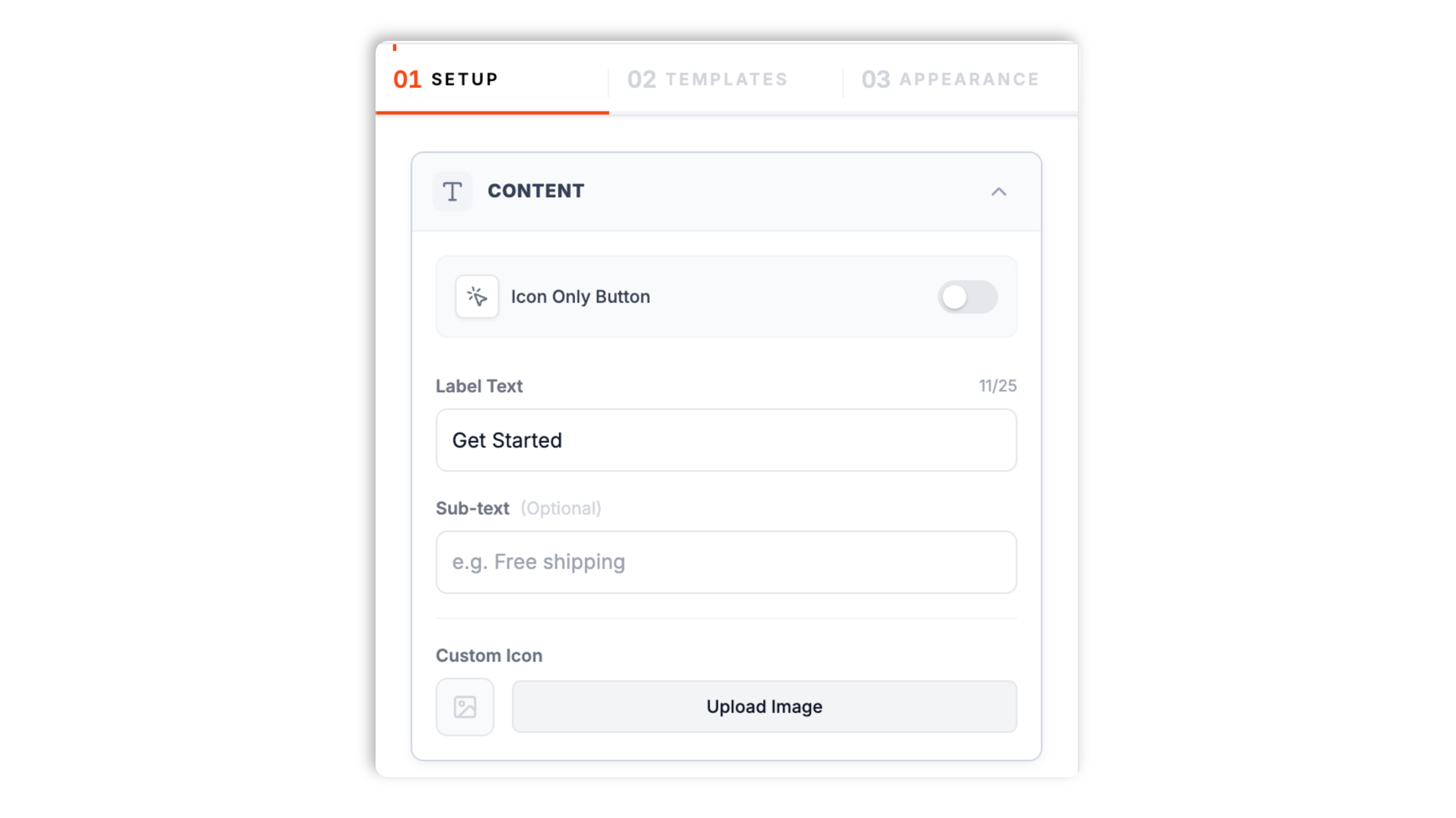 Poper builder action picker for the button widget showing ten actions (Open Link, Download File, Email, Skype, WhatsApp, Telegram, Scroll To, Copy to Clipboard, Run Script, Follow on Social) with the action value field and an orange action button