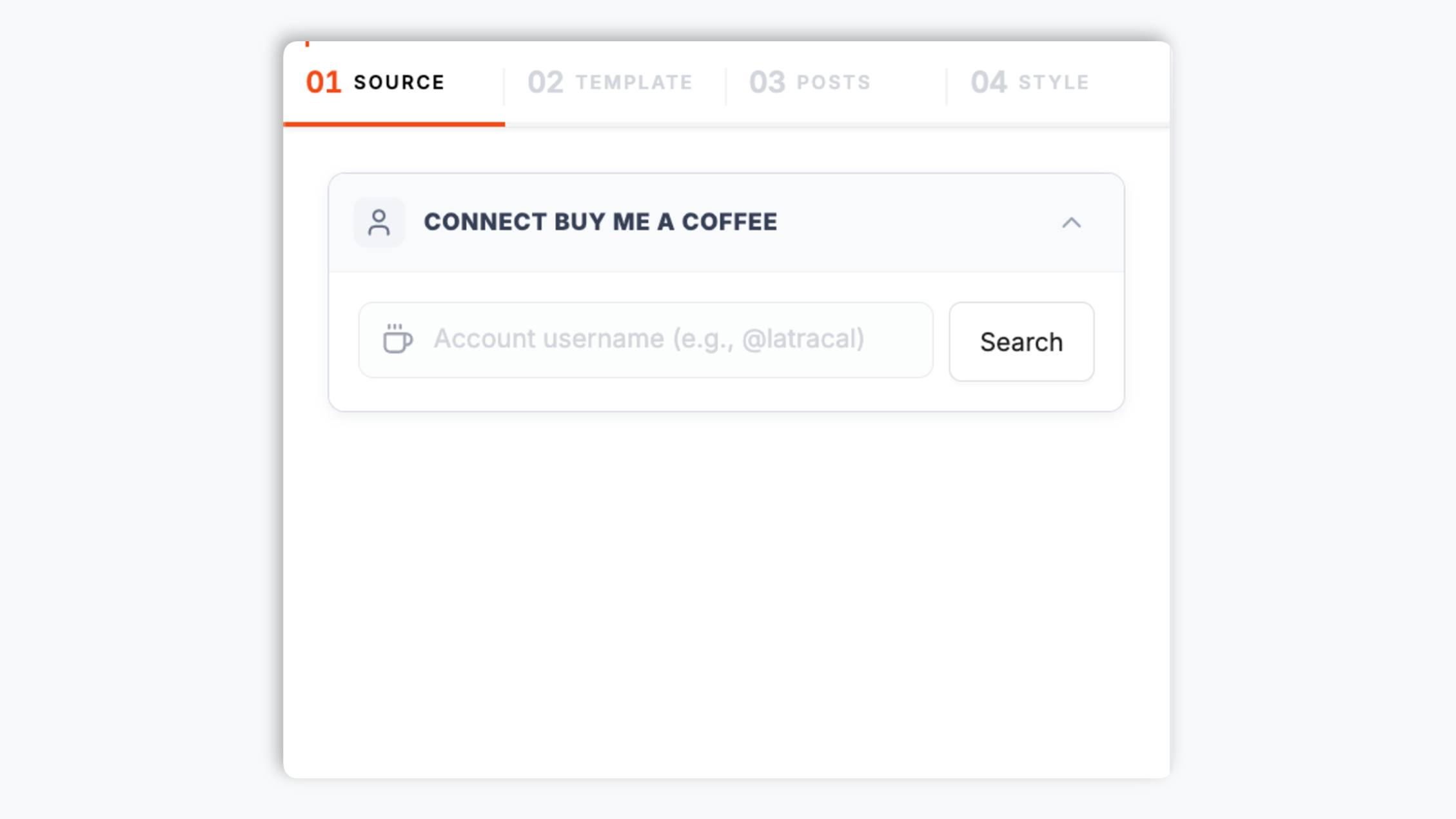 Poper widget builder showing a Buy Me a Coffee username search field with acmecreator entered, the BMaC coffee-cup logo, and a Connect button