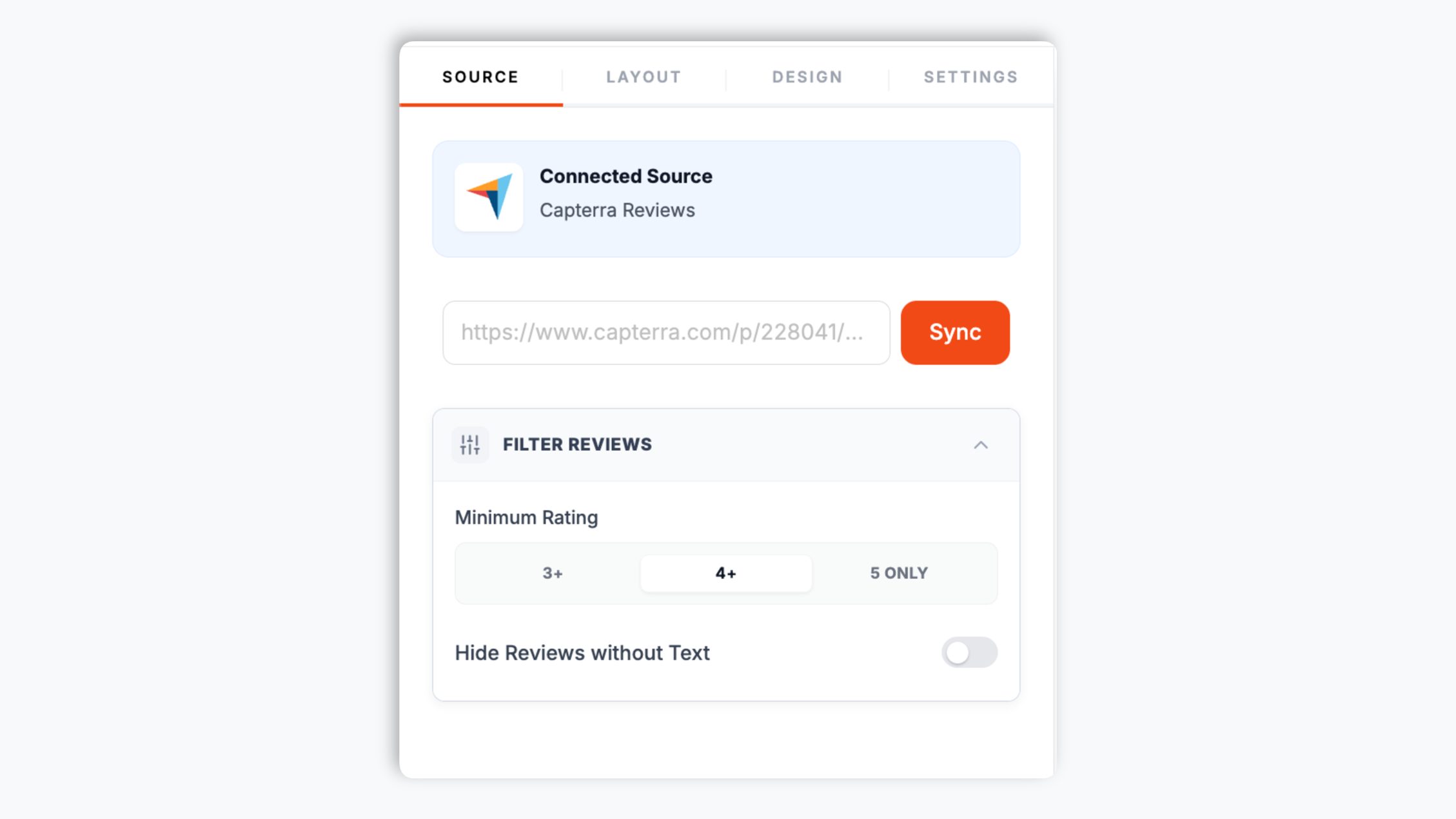 Poper widget builder showing the Capterra product URL field with a capterra.com product link pasted in and a green Sync button