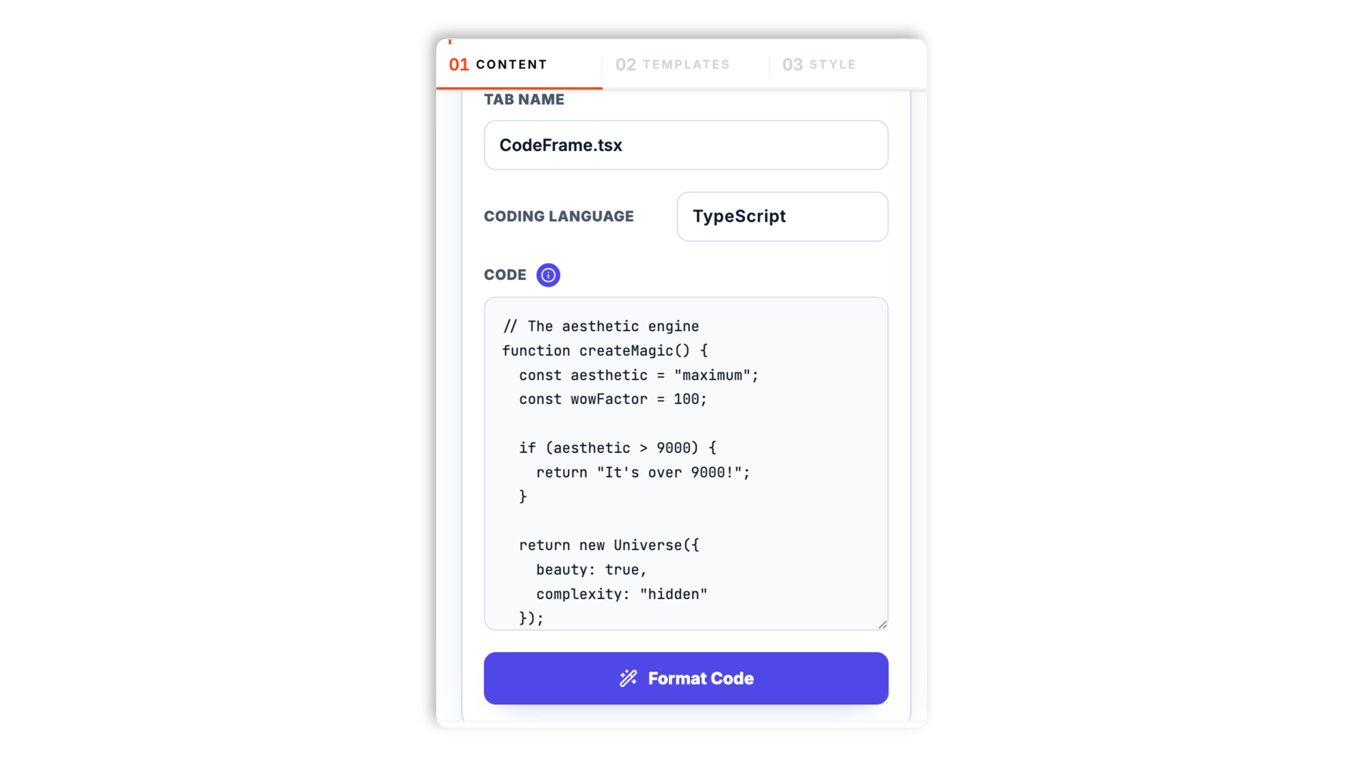Poper builder with a code input area, a language picker, and a Continue button for the code snippet widget