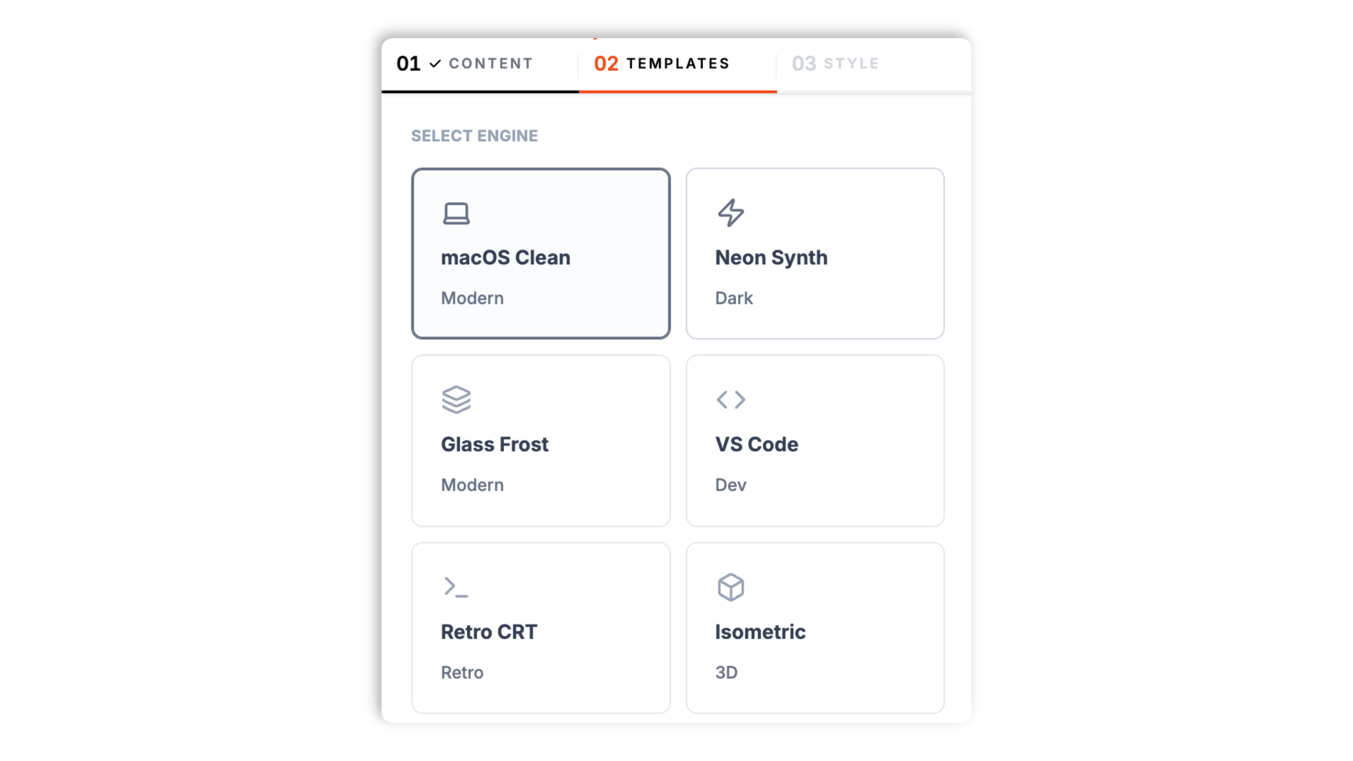 Frame layout thumbnails for the code snippet widget with theme swatches and line-number and padding controls