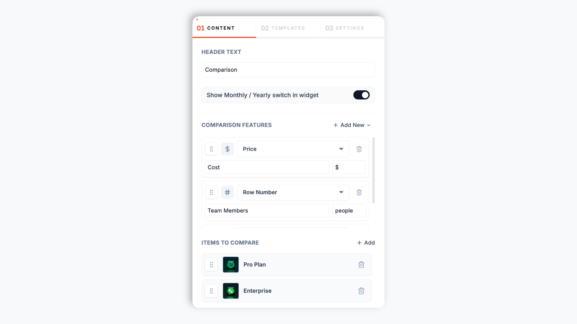 Poper comparison builder with column-header inputs, a feature-row list, a cell-type picker for tick/cross, number, price and text, and a purple Save button