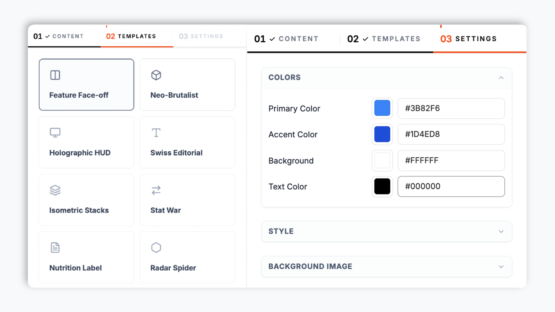 Layout picker showing 6 comparison-table layout thumbnails (Feature Face-off, Neo-Brutalist, Holographic HUD, Tech Spec Grid, Glass Overlay, Minimal Bars) plus brand-control row with color swatches