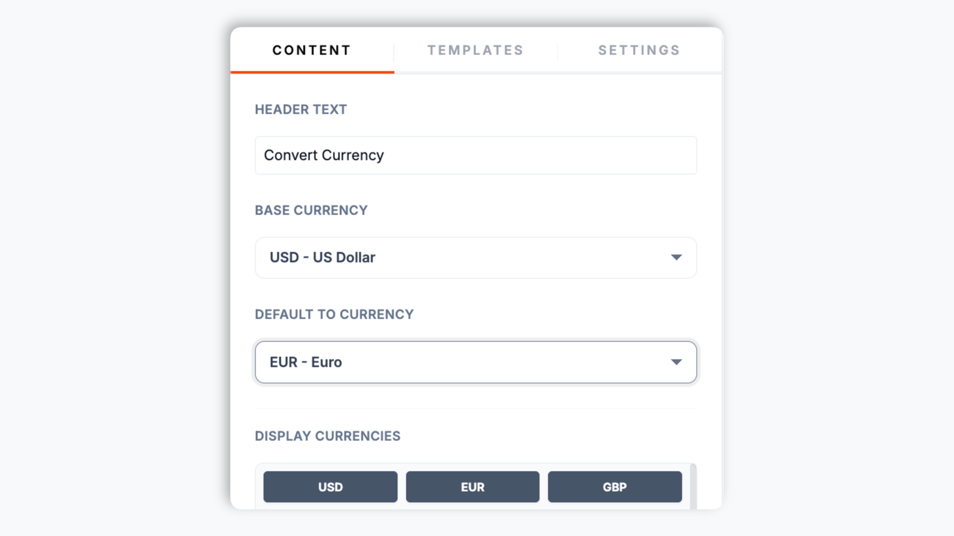 Poper widget builder showing a currency picker with USD, EUR, GBP, INR, JPY chips and a list of enabled currencies