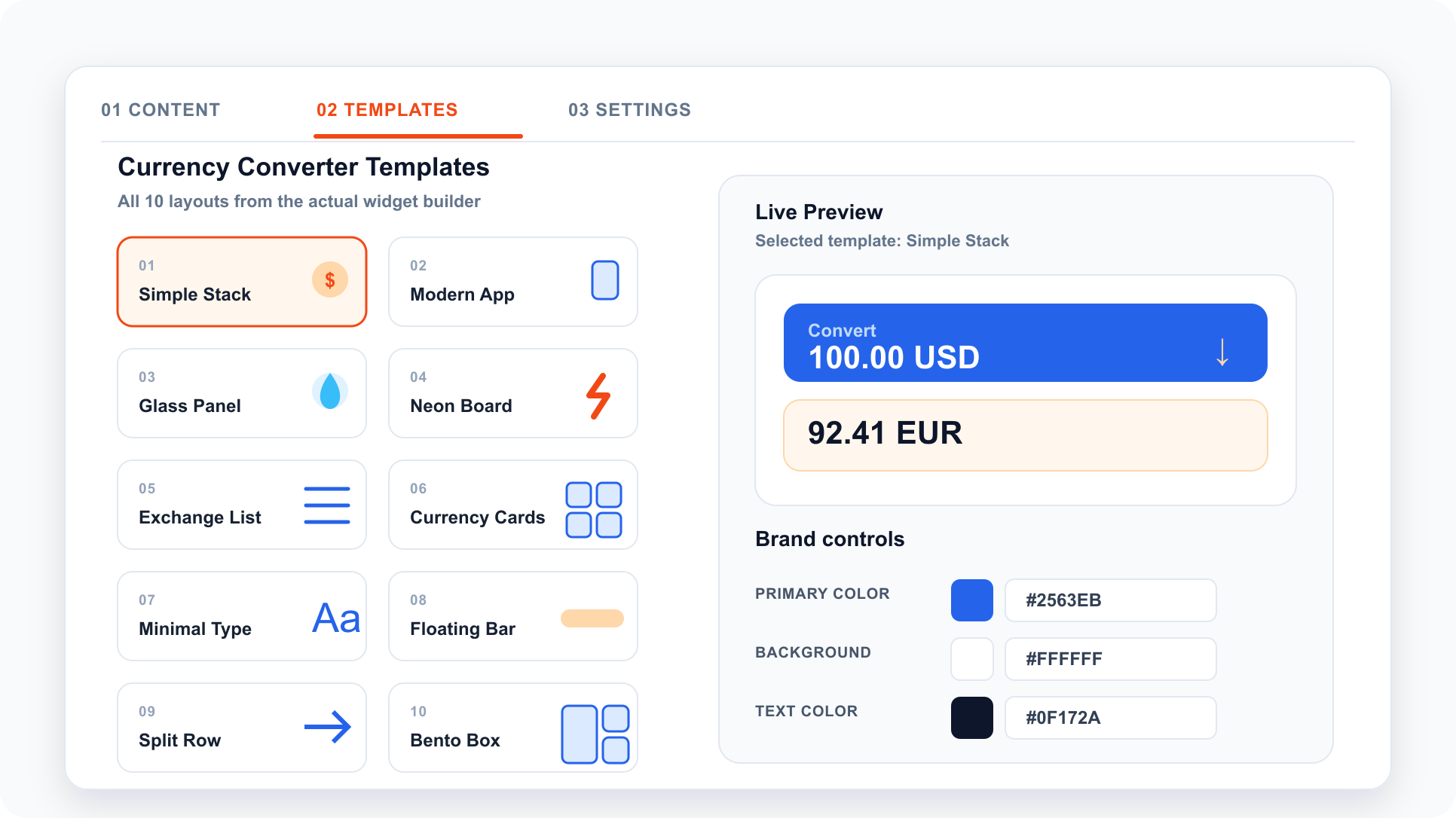 Currency converter template picker showing Simple Stack, Modern App, Glass Panel, Neon Board, Exchange List, Currency Cards, Minimal Type, Floating Bar, Split Row, and Bento Box with brand color controls