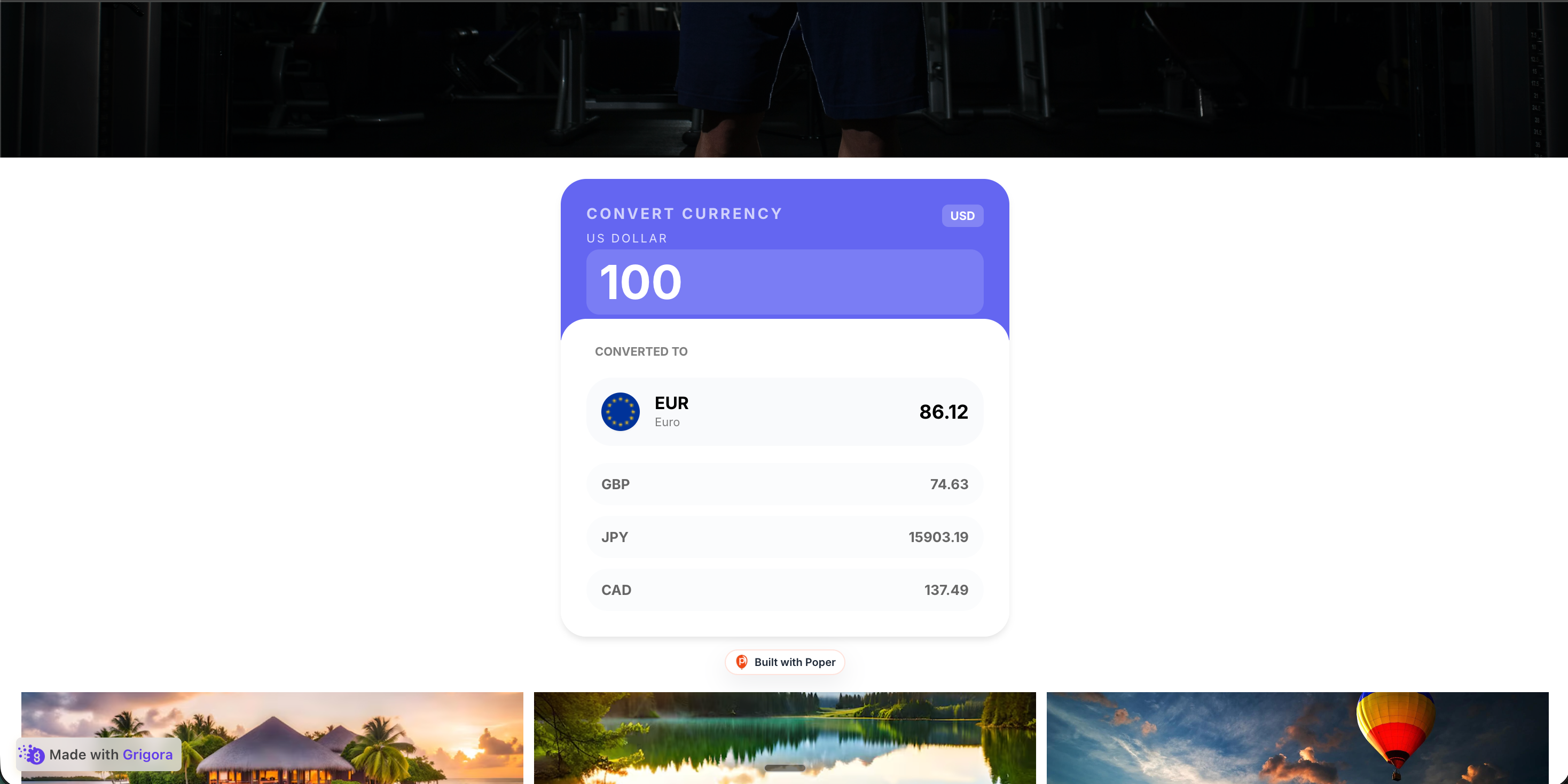 gym-freak.com travel booking site in deep-rose and warm-cream palette with a flight result card showing $487 USD converted to an INR amount via the embedded Poper currency converter widget