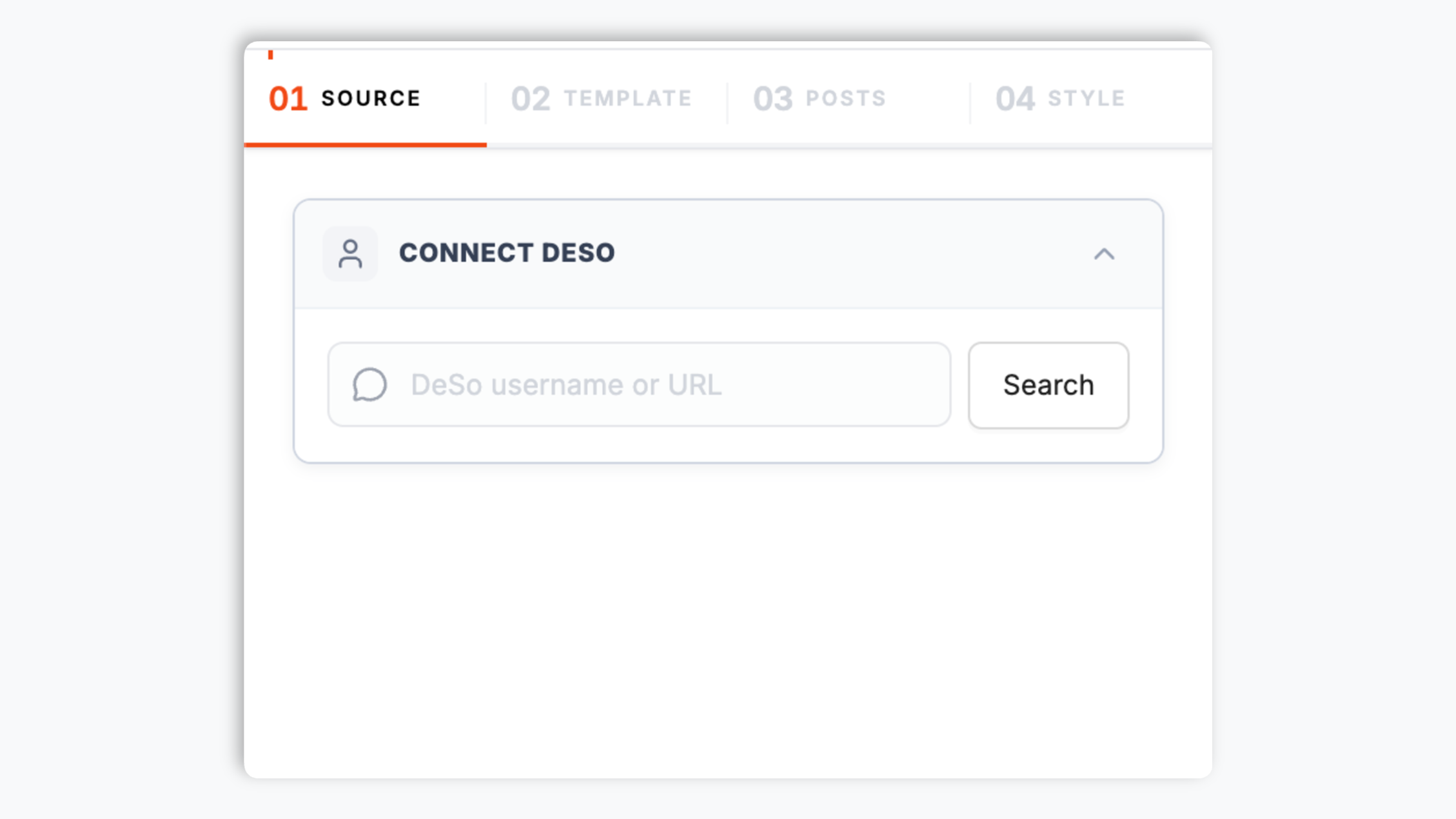 Poper builder searching a DeSo profile URL and showing a DeSo posts feed preview with a Connect to DeSo button