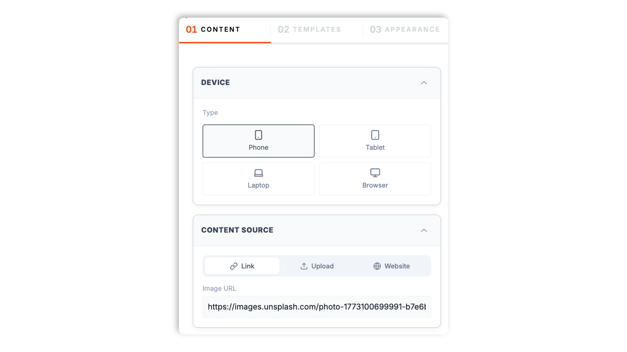 Poper device mockup builder showing a content panel with image-upload, image-URL, and website-URL options on the left and a device frame picker with mobile, tablet, laptop, and browser