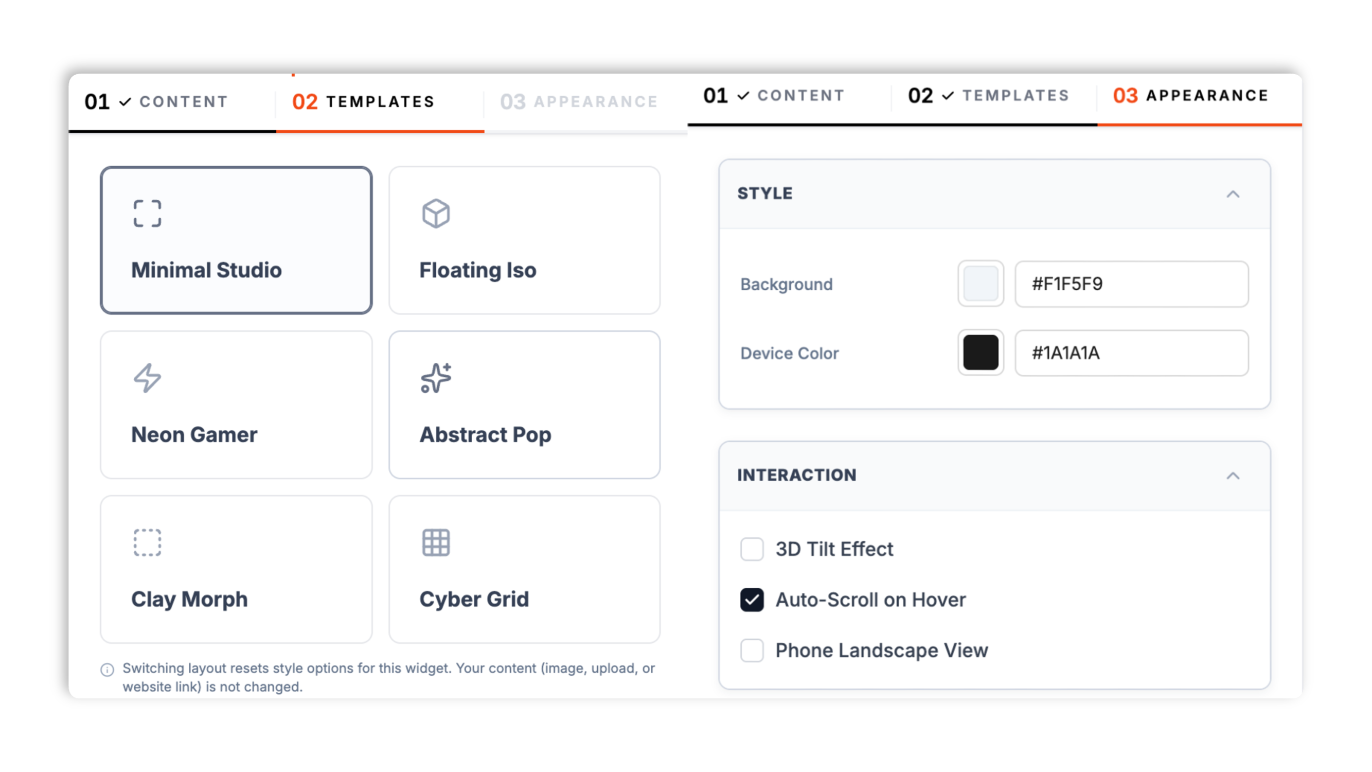 Layout picker showing 6 device mockup scenes (Minimal Studio, Floating Iso, Neon Gamer, Abstract Pop, Clay Morph, Cyber Grid) plus background color picker, device color picker, interactive tilt toggle, and scroll animation toggle