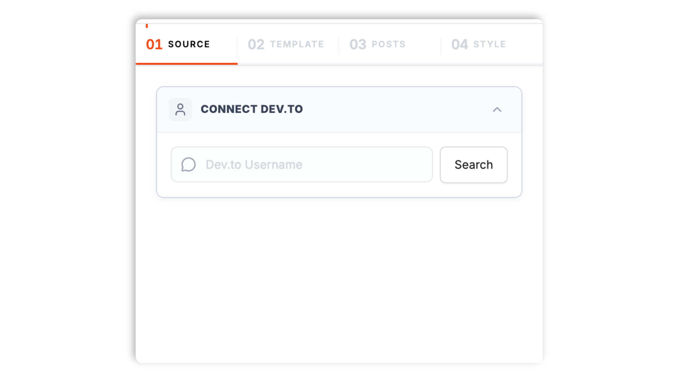 Poper widget builder showing the Dev.to username search input with @marcusacme resolving to dev.to/marcusacme, 47 public articles, and a black Connect button