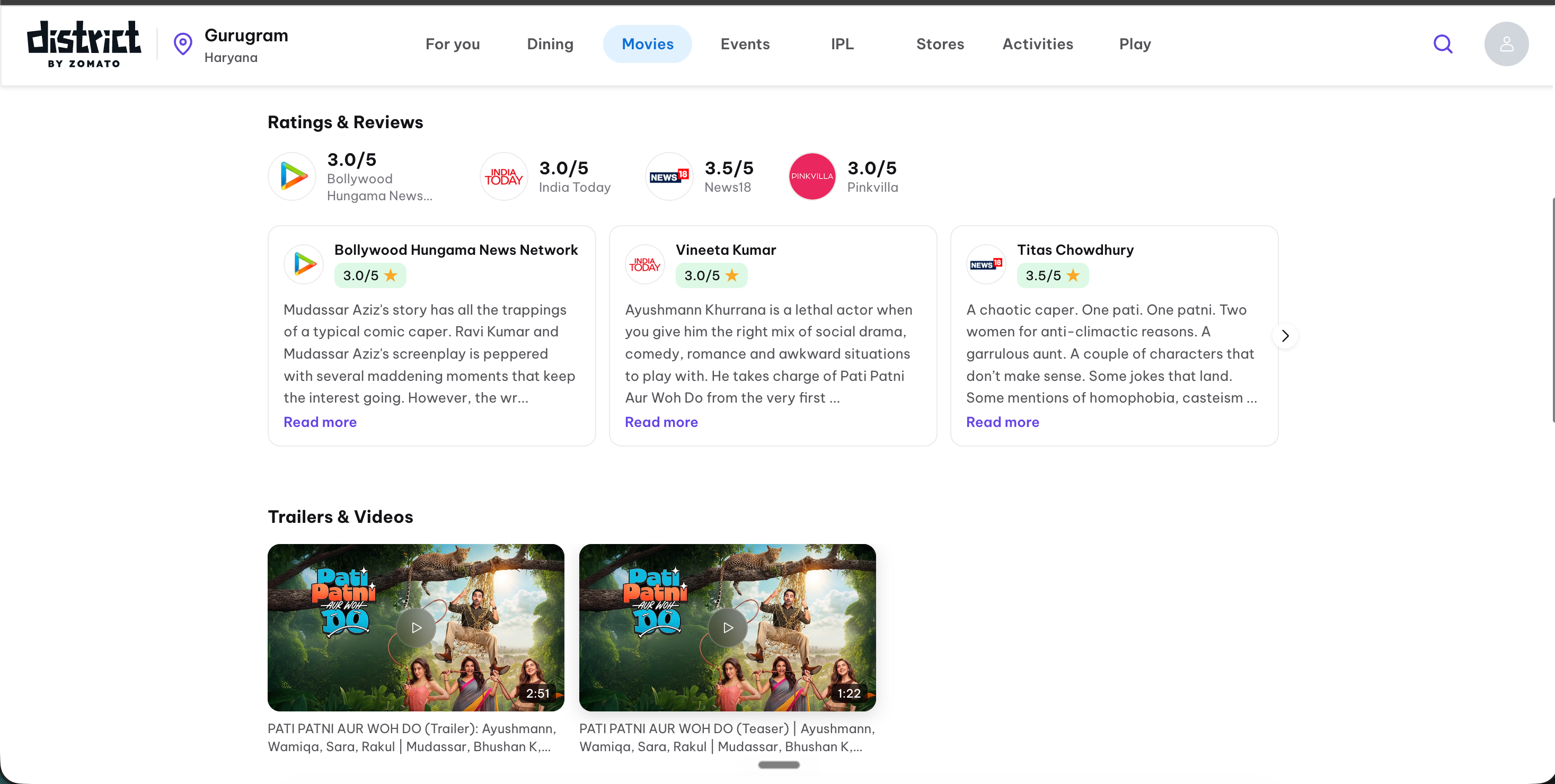 District.in movie page showing a film poster, a star rating, an audience review distribution, and three viewer reviews