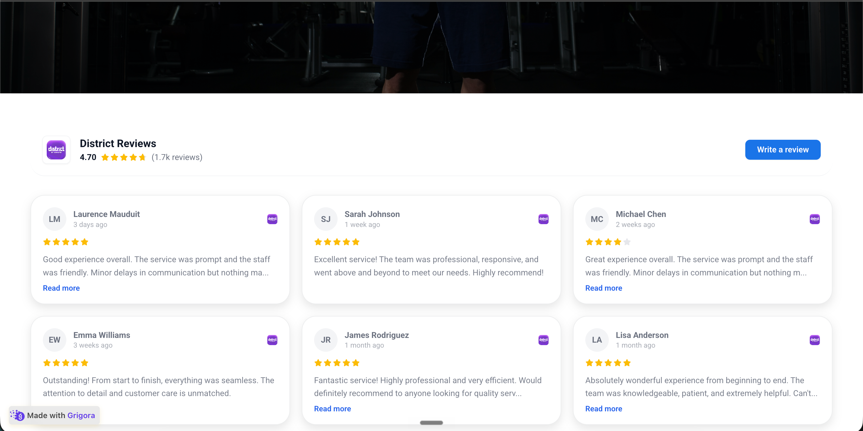 A film promo website with the Poper District reviews widget embedded inline showing the same three viewer reviews in the site's own brand palette